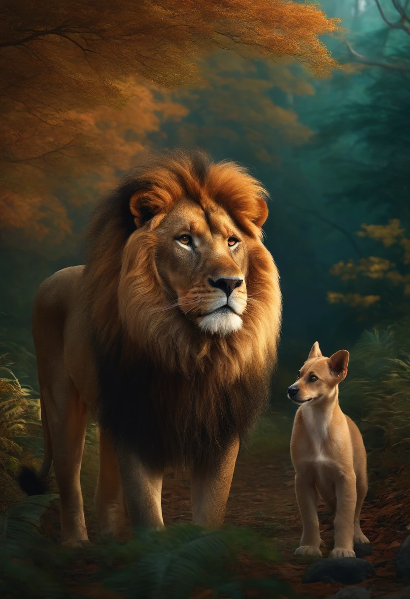 Imagine uma cena em que, Um belo dia,, Lion finds a dog in the forest