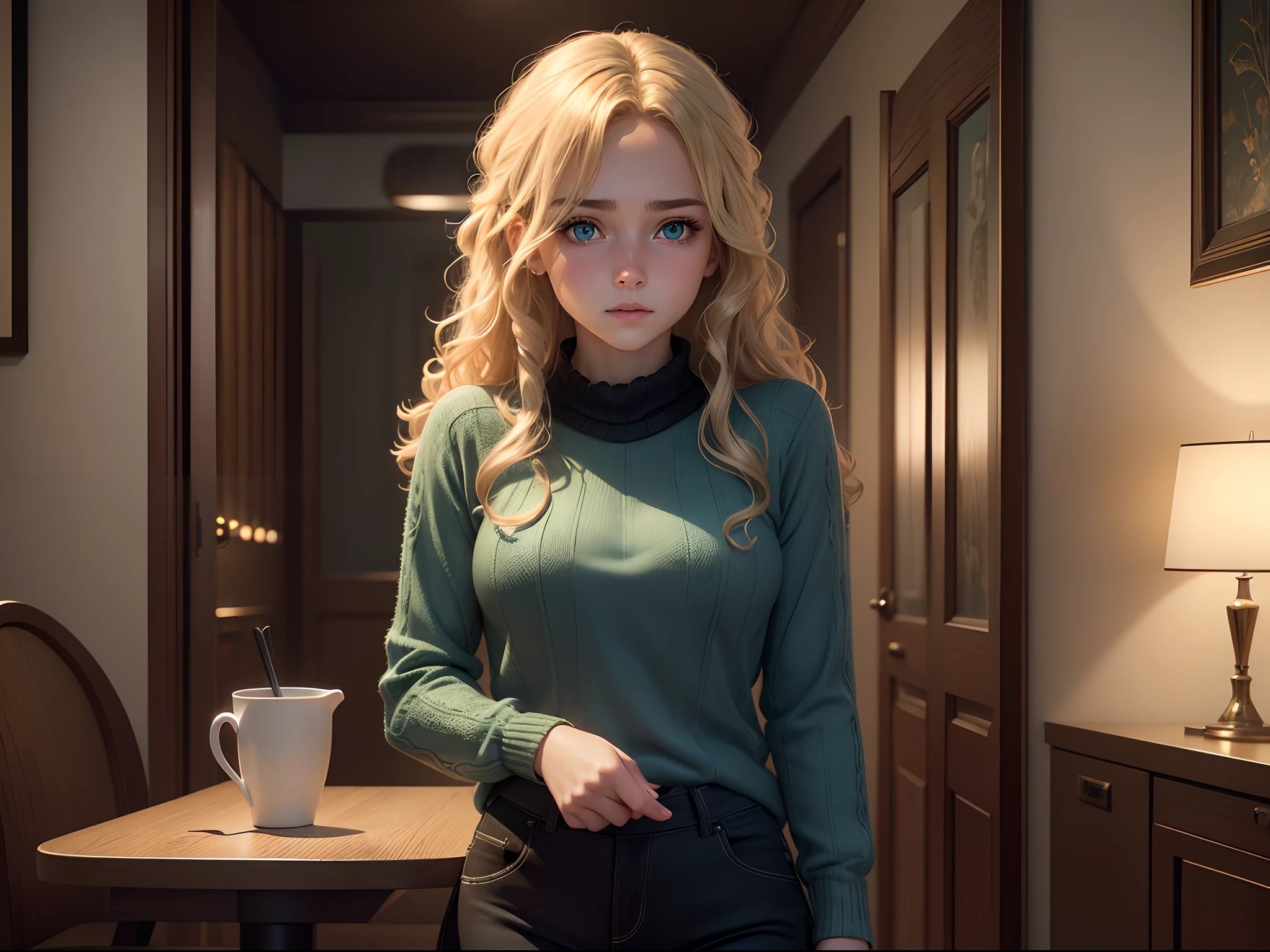 realistic, 8k image of a *********** girl, curly blonde hair, gorgeous, extremely detailed green eyes, dressed in a light blue sweater and black pants, standing in a dining room at night, scared expression, anime style art