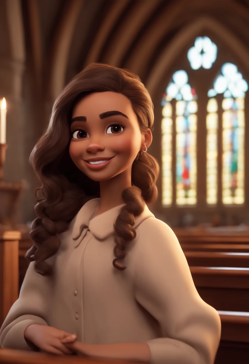 brunette girl with wavy hair. Smiling. Beige clothing full of kitten designs. Brown skin. Scenery a church., Estilo Pixar, ....3d, desenhos animados, rosto detalhado, asymmetrical 16k