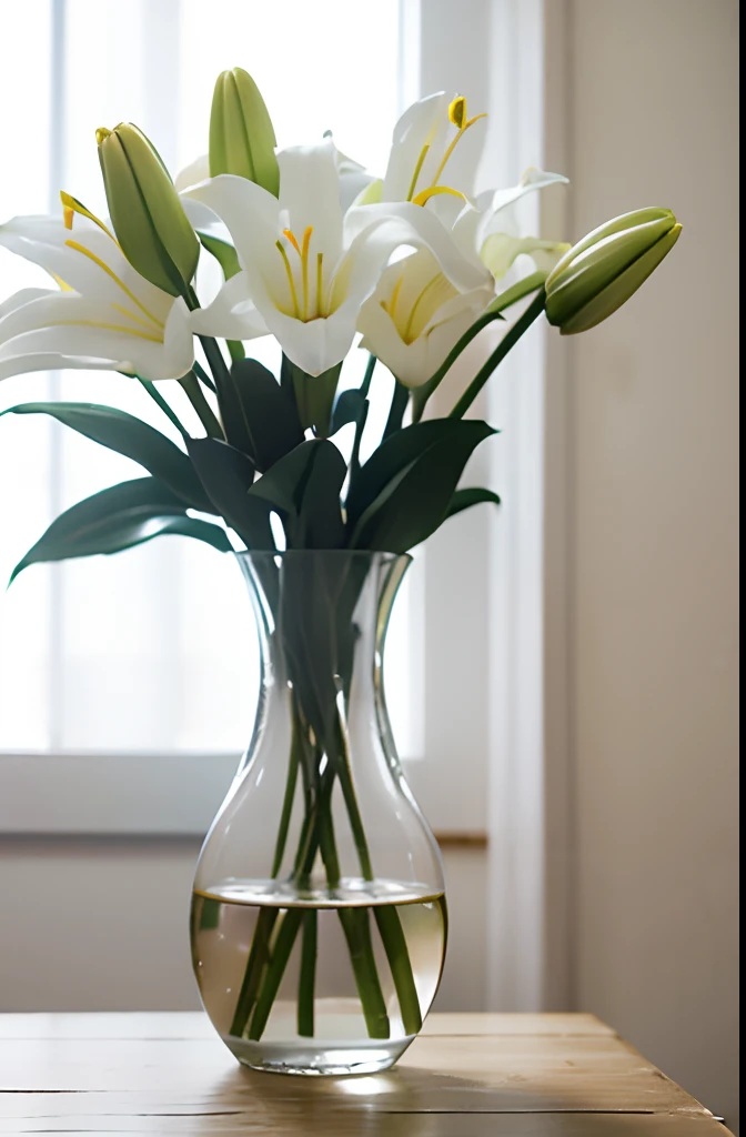 Lilies in a vase，White opaque vase，dream magical，Beautiful，Hazy beauty，Shooting in the studio，Studio shooting，电影灯光，cinema shot，ultra-realistic realism，Natural soft light，professional photoshooting，Focus on the photo，depth of fields，blur backgroun，first person perspective，