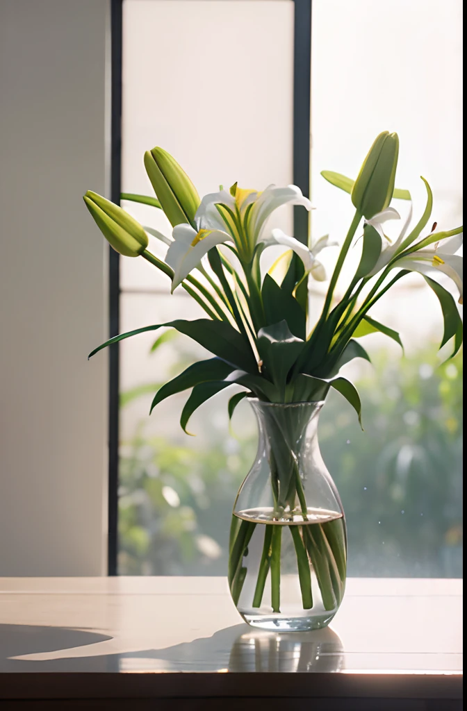 Lilies in a vase,White opaque vase,dream magical,Beautiful,Hazy beauty,Shooting in the studio,Studio shooting,电影灯光,cinema shot,ultra-realistic realism,Natural soft light,professional photoshooting,Focus on the photo,depth of fields,blur backgroun,first person perspective,