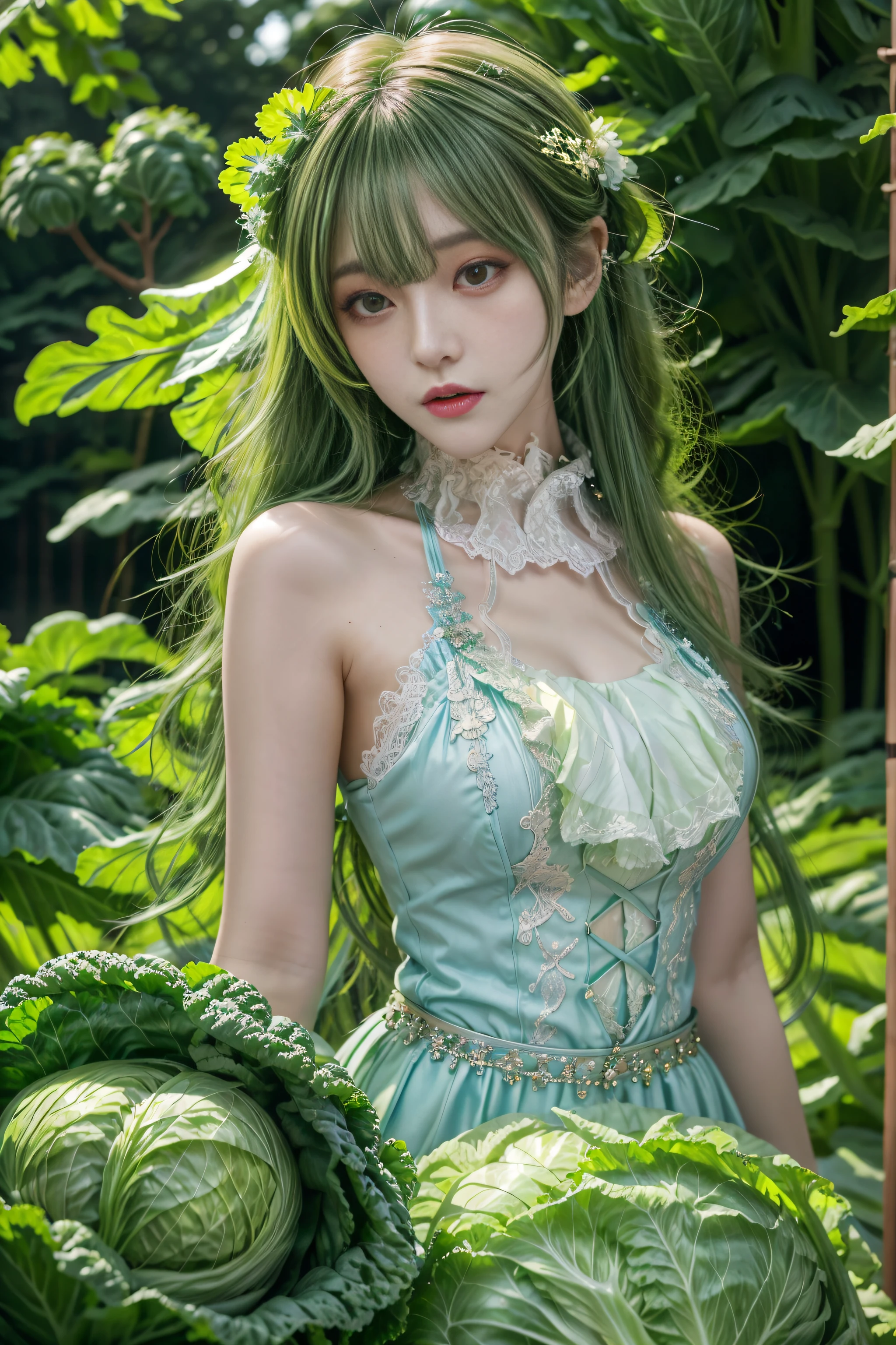 Canon RF85mm f/1.2, masterpiece, best quality, ultra highres, super detailed, highest image quality, 1 girl, solo, long green hair, (korean mixed, kpop idol:1.2), cabbage dress, exquisite jewelry, outdoor,long skirt