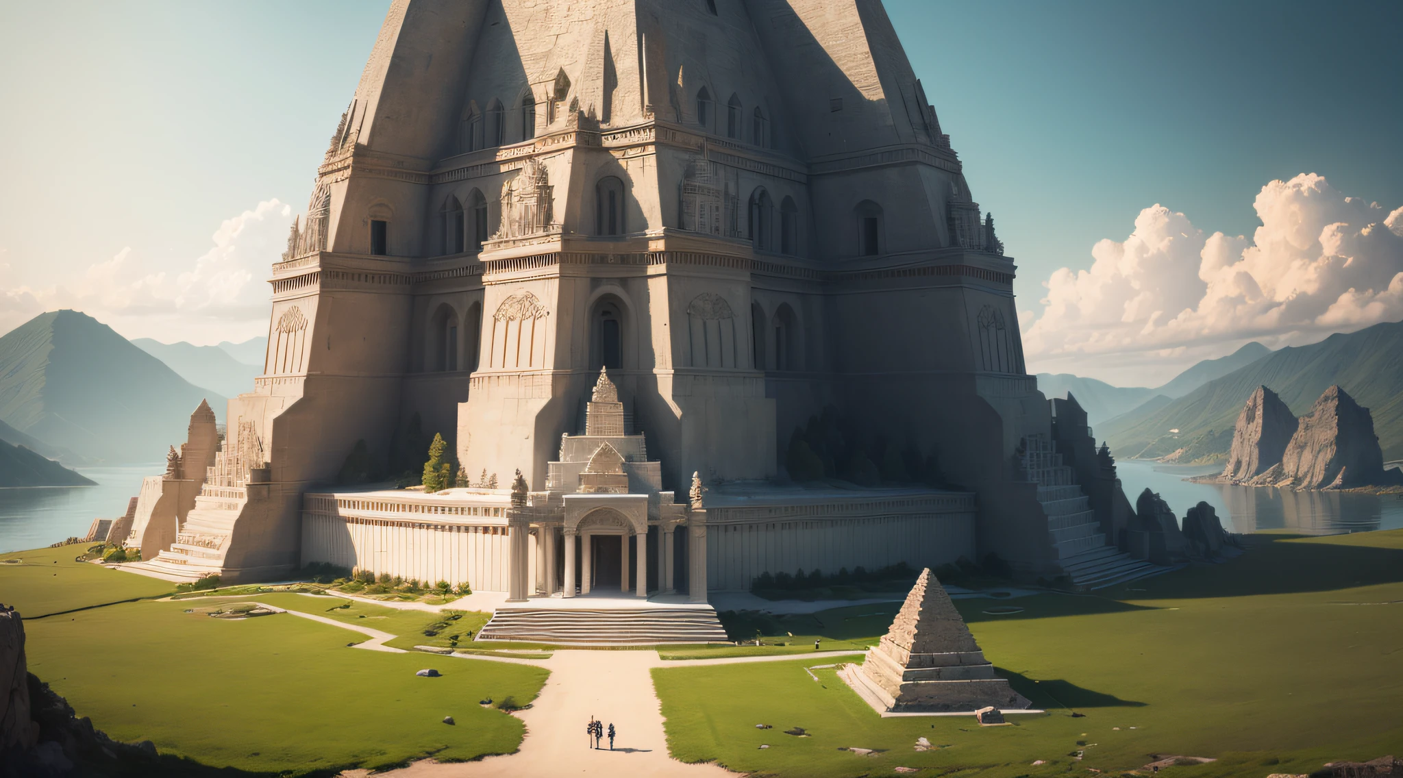 (((fantasy theme))), white colossal temple of resurrection made of white granites, pyramid roof, fantasy structure, in the middle of green meadow and at the side of great lake, wide view, aesthetic, surreal, cinematic, sharp focus, masterpiece, best quality, 8k