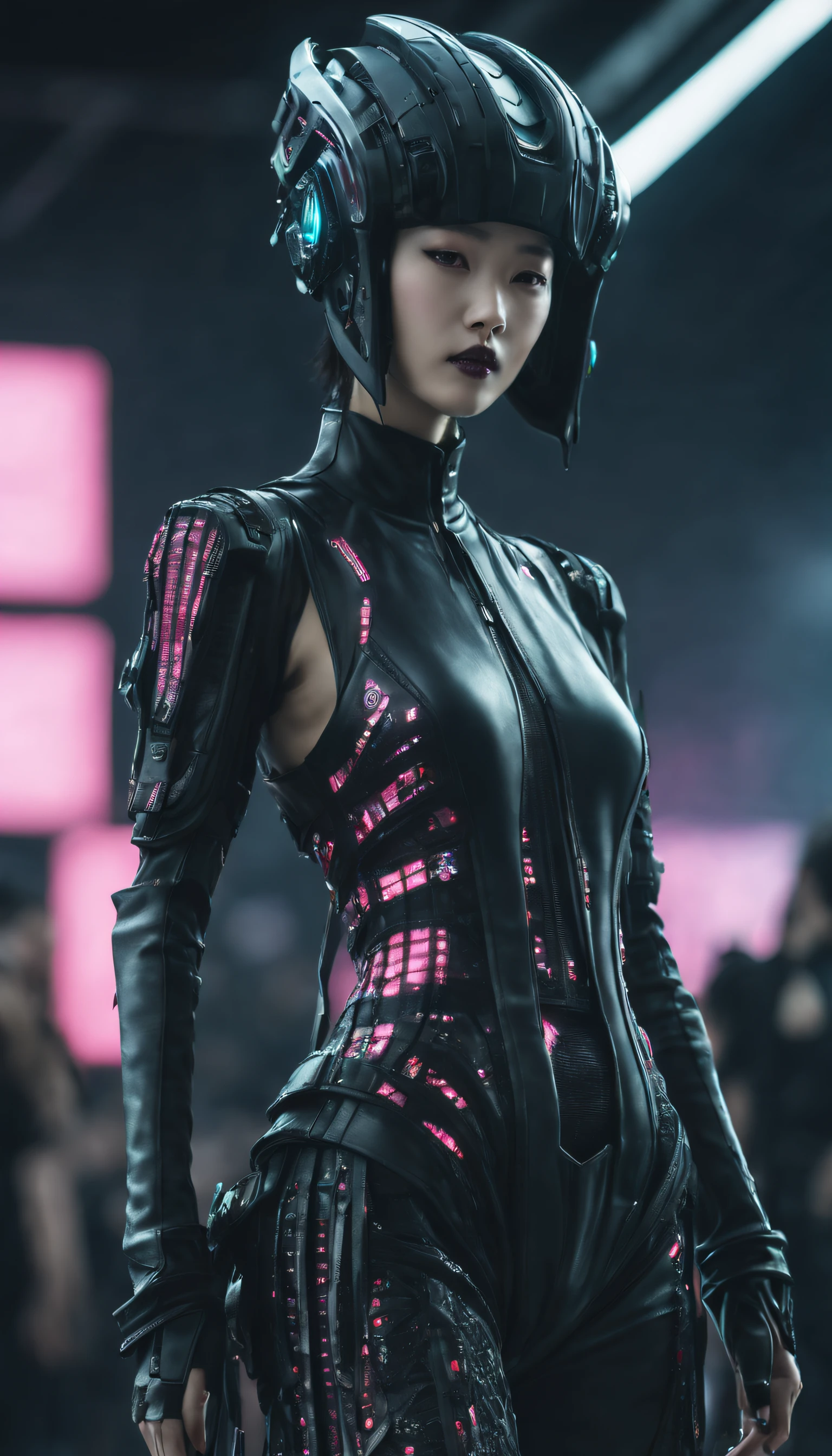 A fashion runway for alien technology , Cyberpunk fashion photography , Inspired by Chinese Xianxia and dark gothic。(Best quality,4K,8K,A high resolution,Masterpiece:1.2), (Realistic,Photorealistic,photo-realistic:1.37).