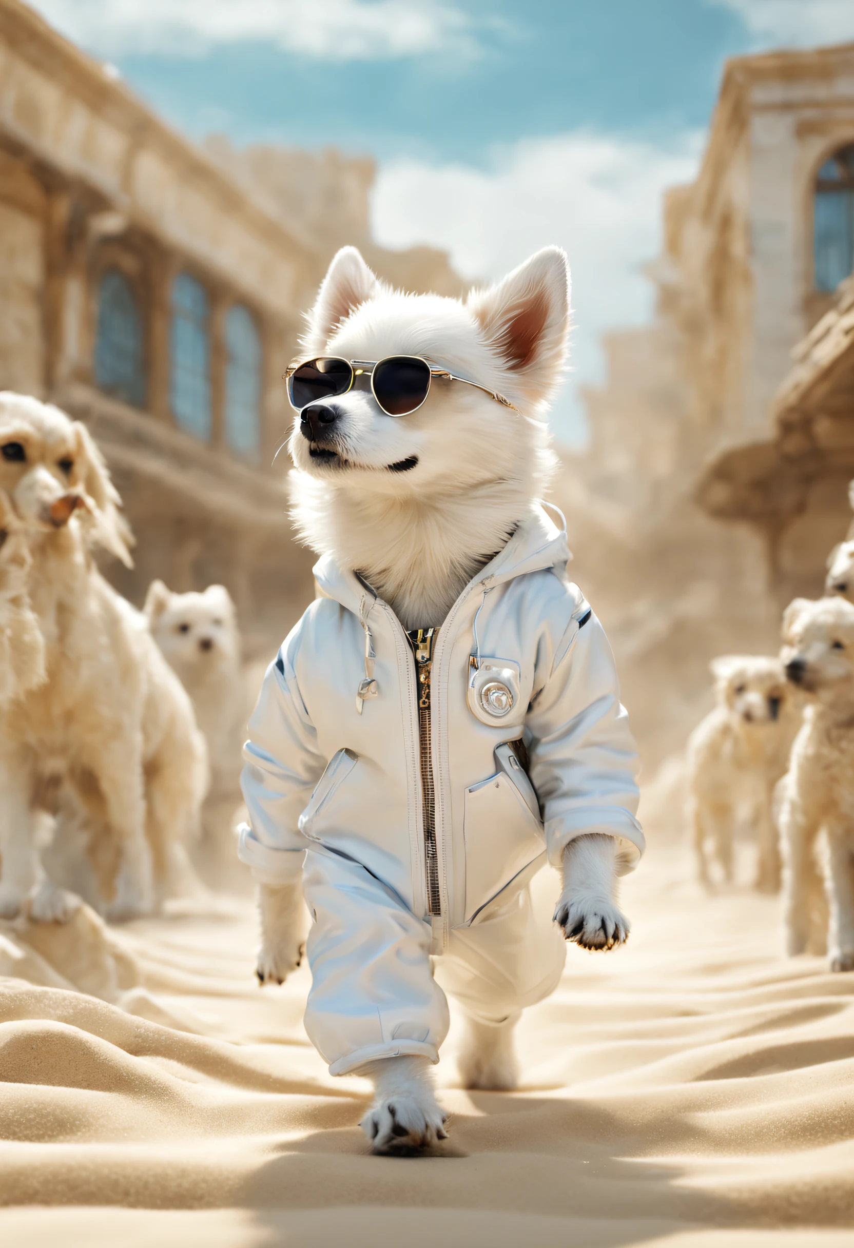 （A  in white walks on the catwalk）, （The little boylding the dog：1.37）, （Wearing a white jacket：1.37），（Human dog hybrids）,, highly fashionable, （Anthropomorphic dogs：1.1）Doggy, Wearing track suit, Funny dog, （Anthropomorphic dog white transparent dog））, Dumb cute,  ( White transparent dog ) ，Husky dog in white jacket walking on the catwalk
3D rendering, Very stylish puppy, Wearing track suit, Funny dog, anthropomorphic dog 。White dog, White (Doggy) ,((Wearing cool sunglasses：1.3)), 
Background: The indoor runway is covered with fine sand, (Alberto Seveso: 1.37) Style, Catwalk scene, (((Runway scene))), The stage is covered with fine sand, Jupiter, Recife, Sand and foam,,{{Masterpiece}}, {{{Best quality}}},{{Ultra-detailed}}, {{illustration}}，,Photography,concept art of character,Pixar style,Ghibli style,Cartoon style,Vinyl figures,Caricature,Masterpiece,illustration,illusory engine,rendering by octane,Quixel Megascans Render,corona rendered,v-ray,Tilt-Shift,full bodyesbian,Long shot,rays of shimmering light,