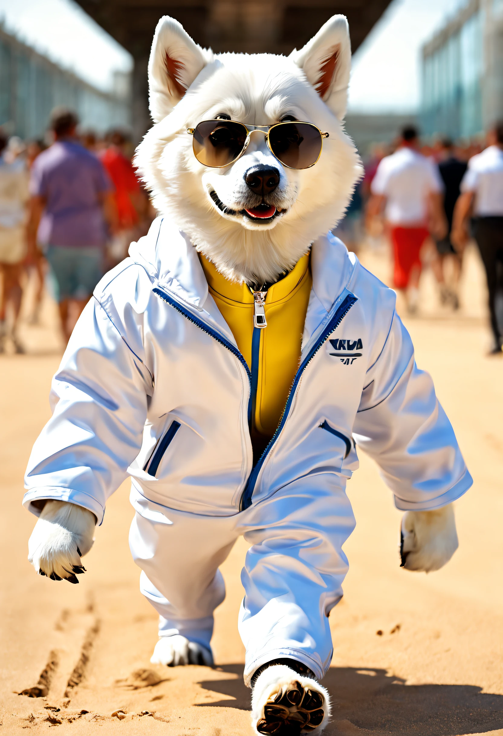 A husky dog in a white jacket walks down the runway, Doggy, Human dog hybrids, an all white human, highly fashionable, Doggy, Wearing track suit, Funny dog, Anthropomorphic dog white transparent dog, !!!! Doggy!!!, A man dog, !!! cat!!!, Dumb cute, White ( Doggy ) ,3D rendering of a husky dog in a white jacket walking on the catwalk, Very stylish dog, Wearing track suit, Funny dog, Anthropomorphic dog white clear Dog,!!!! doggy!!!, stupid, White (doggy) ,((Wearing cool sunglasses)), Background: The indoor runway is covered with fine sand, (Alberto Seveso: 1.37) Style, Catwalk scene, (((Runway scene))), The stage is covered with fine sand, Jupiter, Recife, Sand and foam,,{{Masterpiece}}, {{{Best quality}}},{{Ultra-detailed}}, {{illustration}},{{Disheveled hair}},Photography,concept art of character,Pixar style,Ghibli style,Cartoon style,Vinyl figures,Caricature,Masterpiece,illustration,illusory engine,rendering by octane,Quixel Megascans Render,corona rendered,v-ray,Tilt-Shift,full bodyesbian,Long shot,rays of shimmering light,