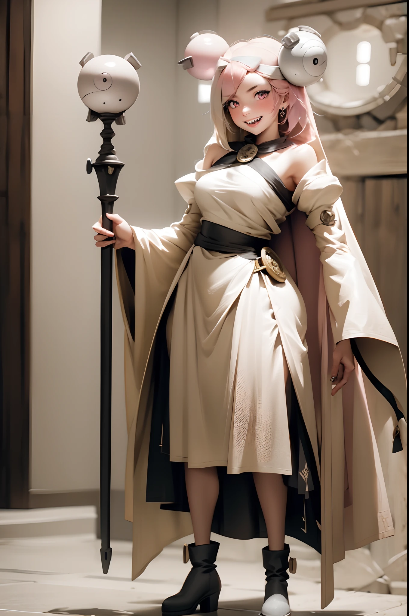 iono,1 girl,pink eyes,solo,smile,open mouth,fangs ,indoors,woman-medieval-clothes, priestess, staff holding, smile, long skirt, large skirt, full body,horns, armor, boots