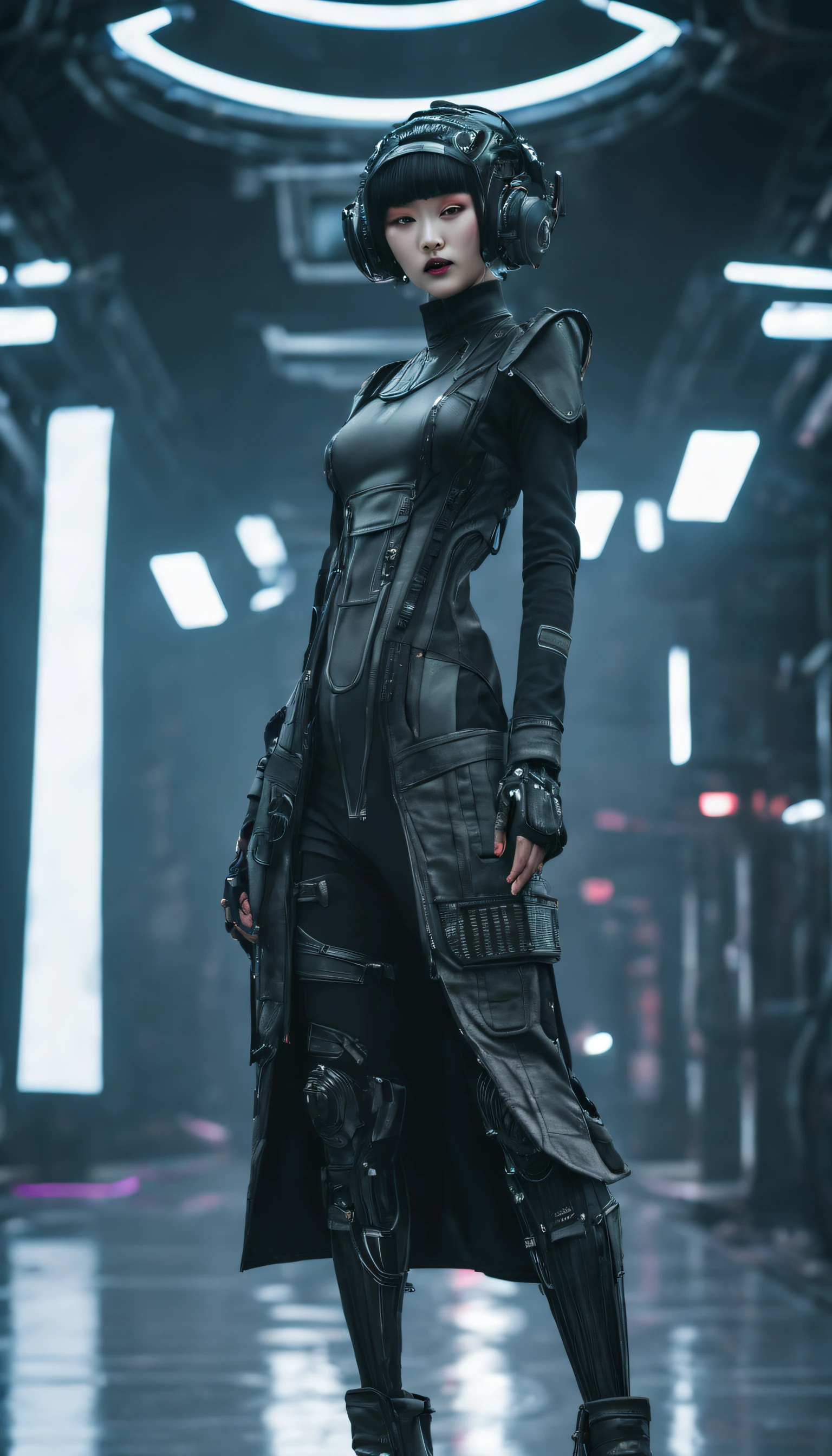 A fashion runway for alien technology , Cyberpunk fashion photography , Inspired by Chinese Xianxia and dark gothic。(Best quality,4K,8K,A high resolution,Masterpiece:1.2), (Realistic,Photorealistic,photo-realistic:1.37).