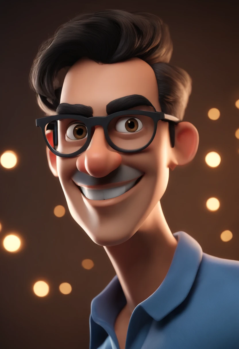 Cartoon character of a man wearing black glasses and a blue shirt, um personagem animado, Caractere estilizado, animation style rendering, 3D estilizado, Arnold Maya render, 3 d render stylized, toon render keyshot, Personagem 3D, Personagem 3D, 3d rendering stylized, 3 d character render, personagem de desenho animado, Personagem de close up, Pose de personagem, (Estilo Pixar) (master part:1.2) (Bokeh) (best quality) (pele detalhada) (textura detalhada) (8k) (argila) (Cinematic lighting) (foco nítido,Senta e vaza a parte superior do corpo