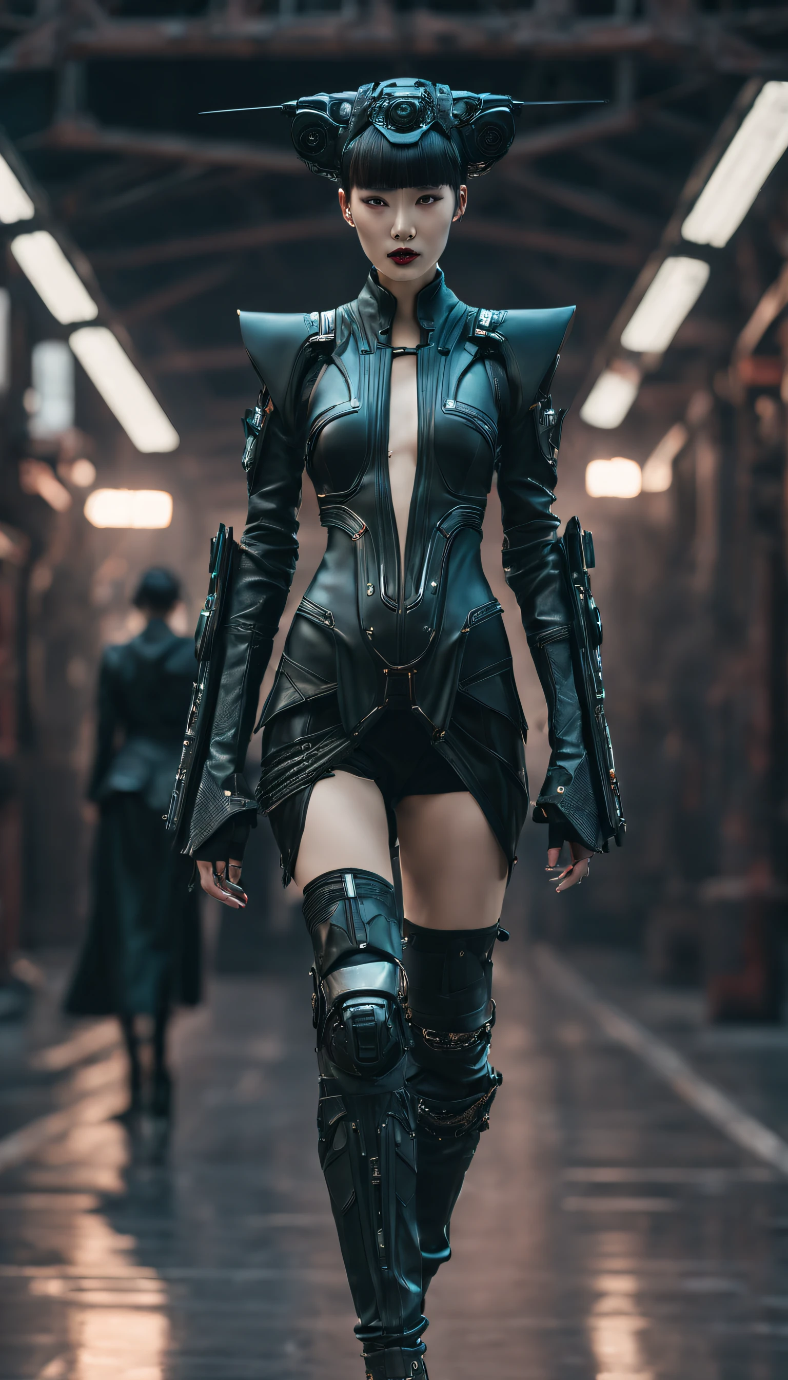 A fashion runway for alien technology , Cyberpunk fashion photography , Inspired by Chinese Xianxia and dark gothic。(Best quality,4K,8K,A high resolution,Masterpiece:1.2), (Realistic,Photorealistic,photo-realistic:1.37).