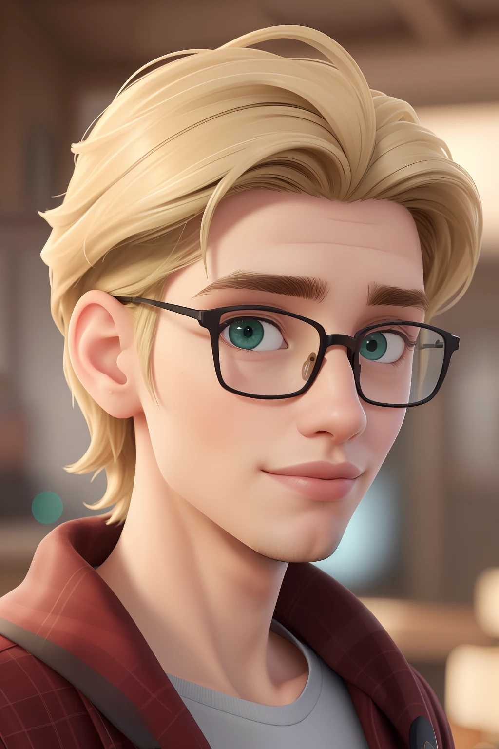 (best quality,4k,8k,Altas,master part:1.2),ultra-detalhado,Realistic,Young studious man with messy blond hair, cara bonita, forma quadrada do rosto, cabelos loiros e olhos verdes, vestindo uma gola alta branca e jaleco, Thin-framed glasses.
