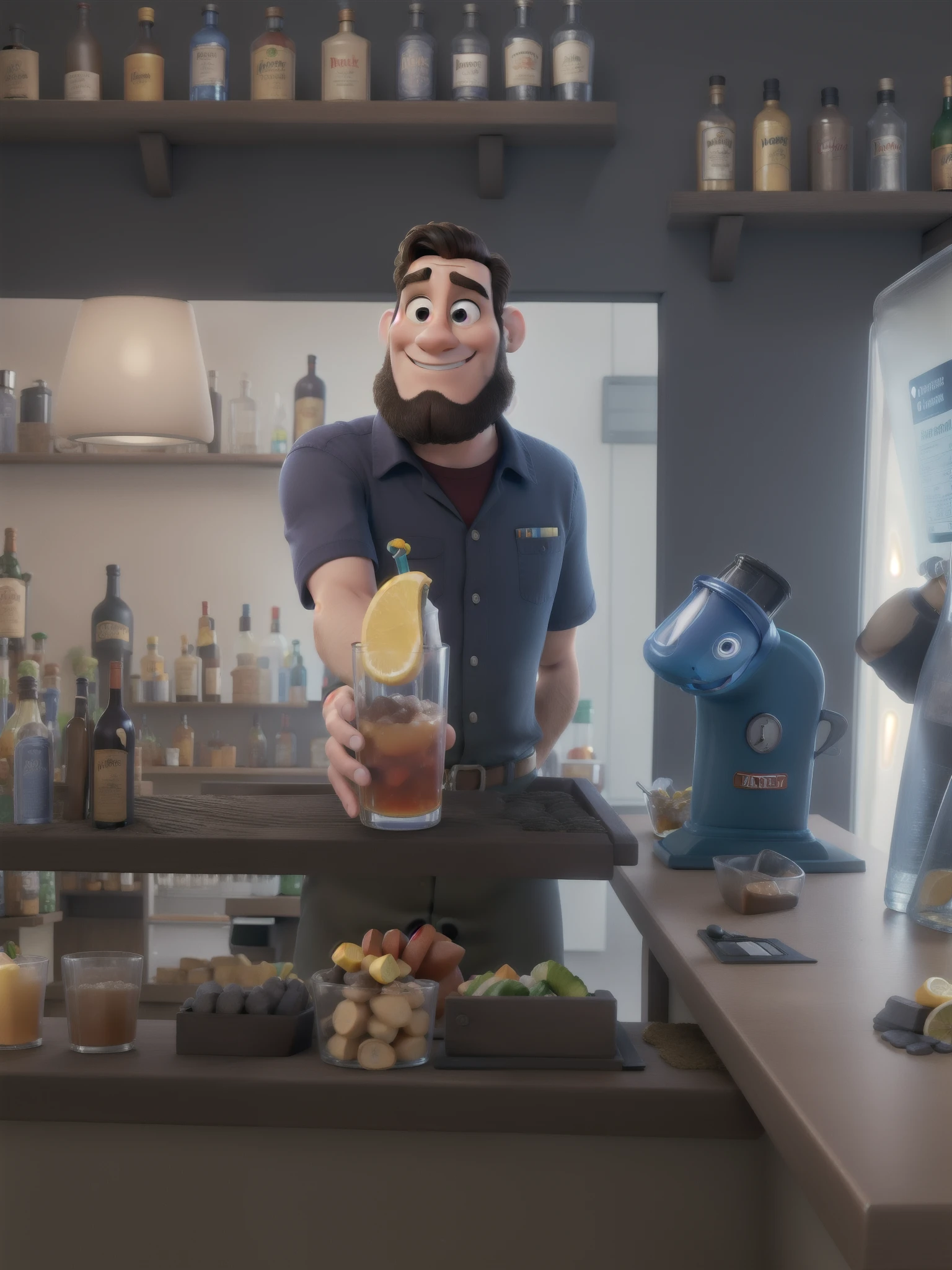 um homem estilo Disney pixar, Bartender, Alta qualidade, melhor qualidade