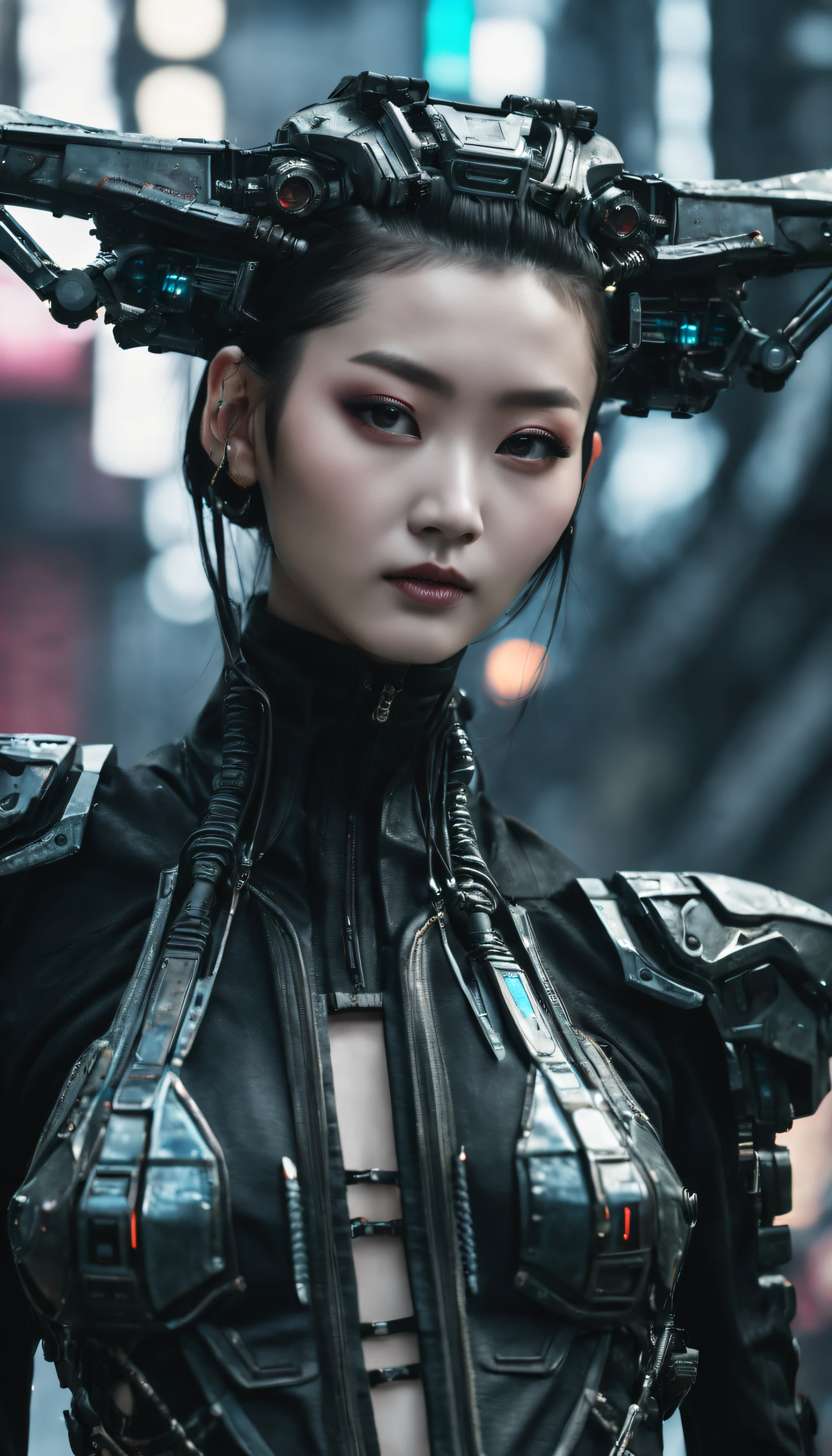 A fashion runway for alien technology , Cyberpunk fashion photography , Inspired by Chinese Xianxia and dark gothic。(Best quality,4K,8K,A high resolution,Masterpiece:1.2), (Realistic,Photorealistic,photo-realistic:1.37).