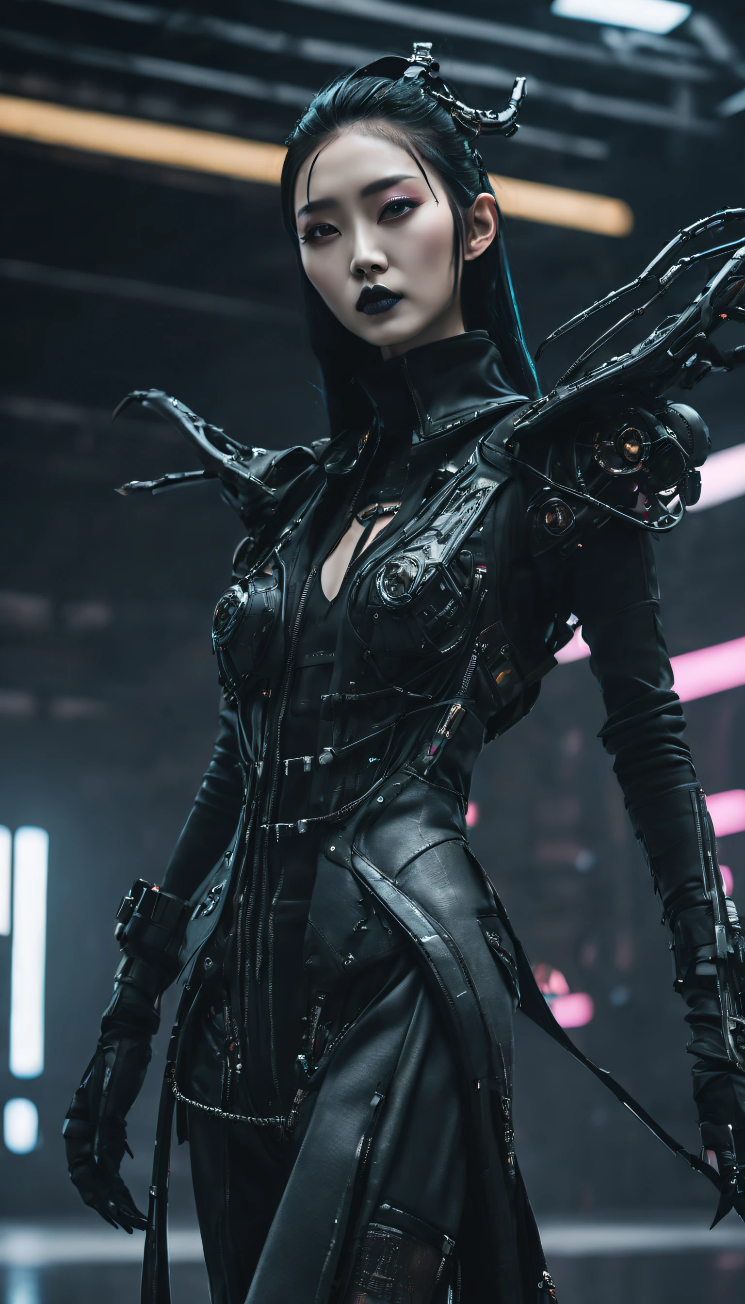 A fashion runway for alien technology , Cyberpunk fashion photography , Inspired by Chinese Xianxia and Dark Gothic。(Best quality,4K,8K,A high resolution,Masterpiece:1.2), (Realistic,Photorealistic,photo-realistic:1.37).