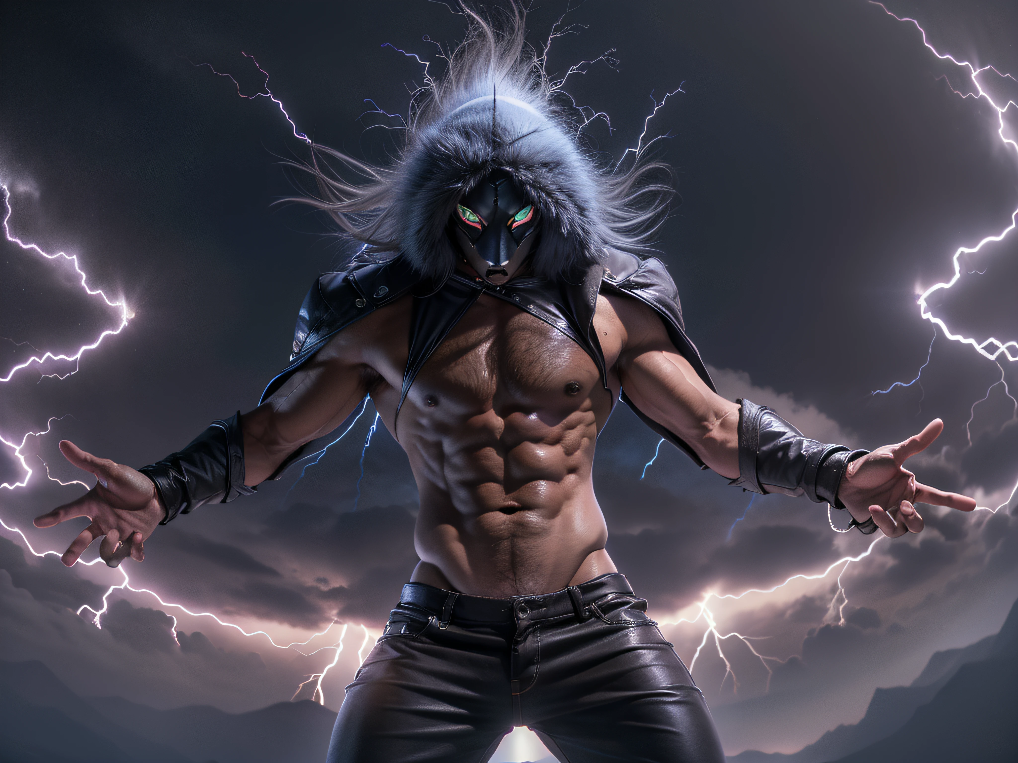 Beautiful fece, Bright photo, Sunshine, 8K, RAW image quality, masterpiece, top-quality, (1 male), Black Fox Mask:1.2, Man wearing fox mask on face:1.5, 35-year-old man, Blonde long hair, bodybuilder:1.4, There is a large tatu in the upper body:1.3, Solo, (Wizard Hat;1.2), Upper body naked:1.4, (Black tanned skin:1.4), muscular body:1.4, six packs, ((Small Boomerang Pants)), Detailed undercover, Detailed blue eyes, Oiled skin, (Sweaty skin), High quality water, Super Settings, SEXY Model Pose, ((Crouching legs open)), pubic hair on the lower abdomen, ((Angle from the super bottom)), (8mm fisheye lens:1.4), Detailed CG image quality, (The background is a stormy sea), (Severe lightning strike:1.4),