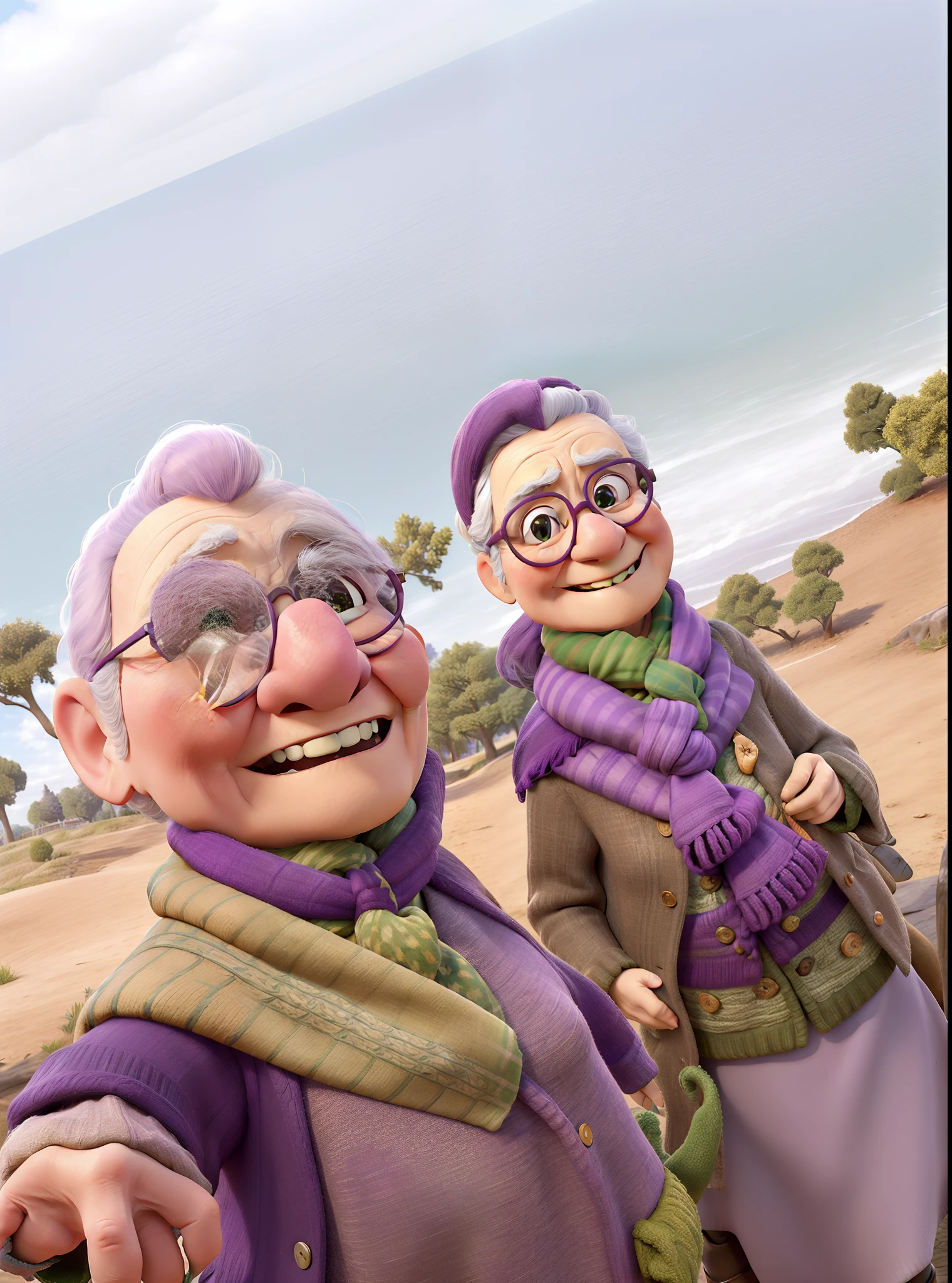 masterpiece, best quality, an old woman with glasses and a scarf on, wearing a purple coat and green scarf, standing at the park