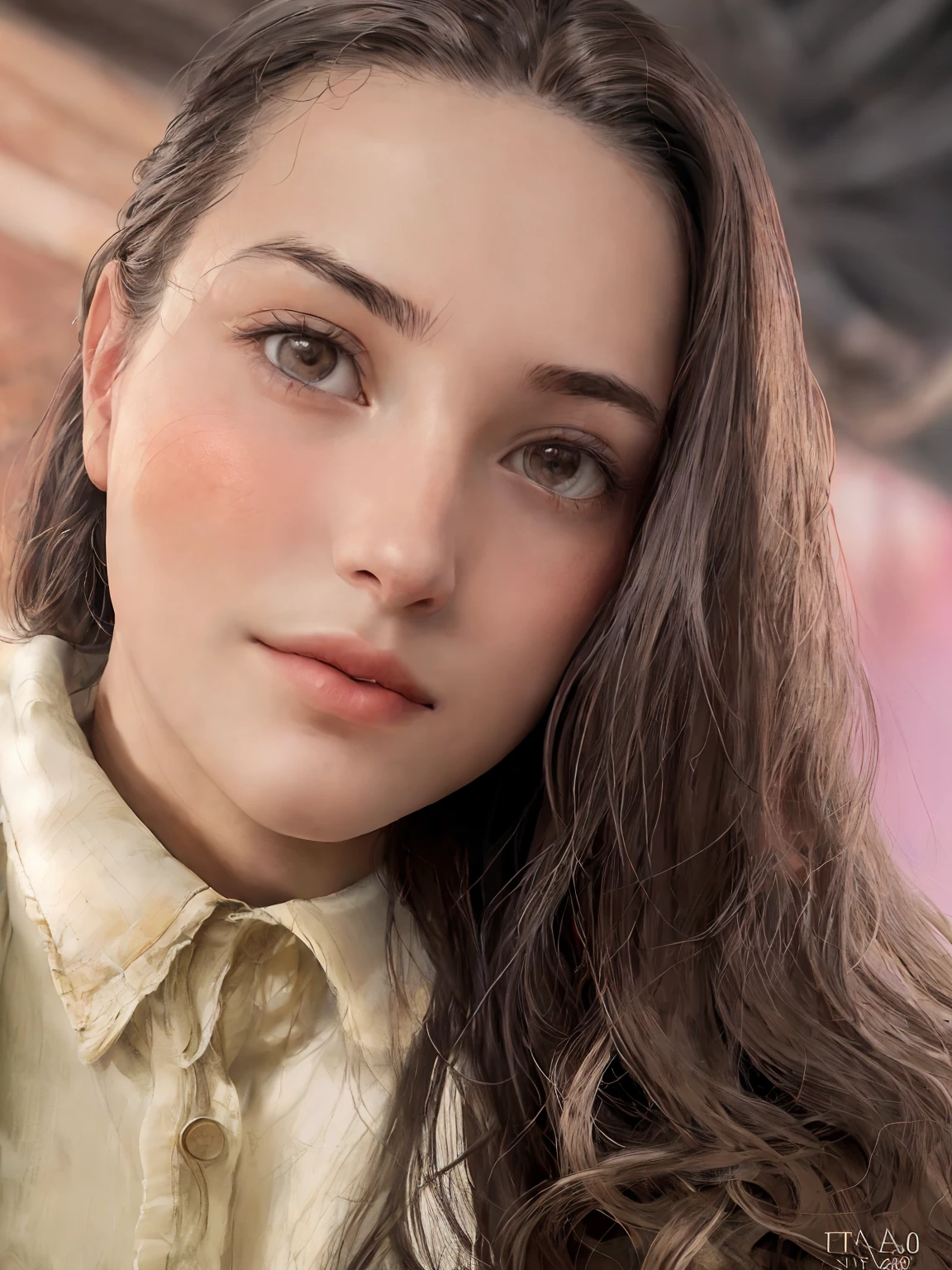 There's a woman with long hair and a plaid shirt, foto retrato suave 8 k, rosto completo close up retrato, full - rosto close - retrato para cima, fechar o rosto, close - para cima no rosto, close up no rosto, foto de closeup do rosto, woman's face looking off camera, close up do rosto, Retrato tirado 8 K, Closeup no rosto