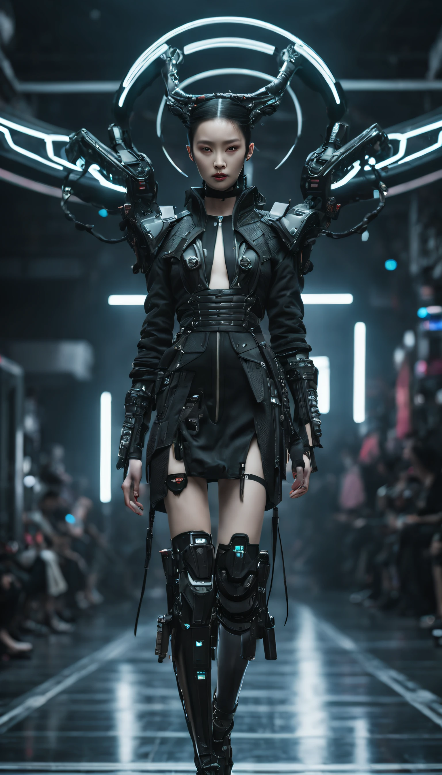 A fashion runway for alien technology , Cyberpunk fashion photography , Inspired by Chinese Xianxia and Dark Gothic。(Best quality,4K,8K,A high resolution,Masterpiece:1.2), (Realistic,Photorealistic,photo-realistic:1.37).