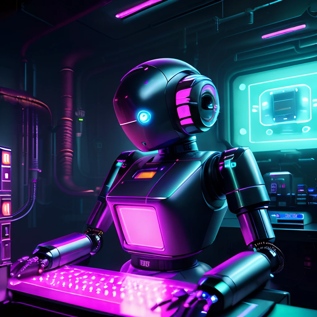 Android in a dark boiler room, Cosy, LED light, neonlight, ciberpunk, ((Cute robot controlling smart computer systems)), Sci-Fi, f/11, Cinematic lighting, rim light, Photorealistic, Octane Render, slate grey atmosphere, Mj, Trending on ArtStation, Strobe, Contrasting light
