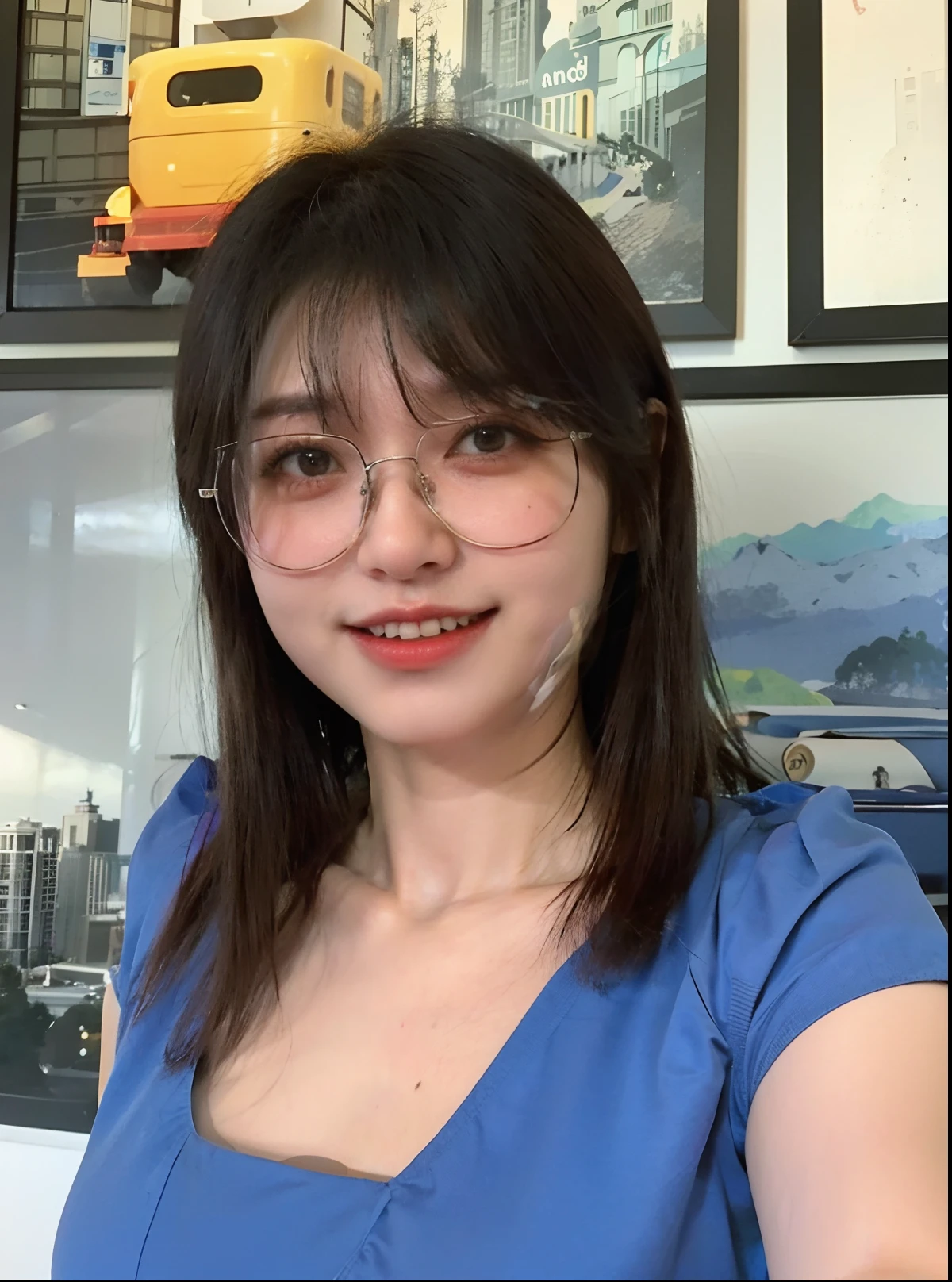 Smiling woman in blue shirt and glasses standing in front of a wall with photos, imagem de perfil, foto de perfil headshot, taken in the early 2020s, foto do perfil, foto retrato, Maclean Bonnie, fotografia tirada em 2 0 2 0, tomada em 2 0 2 0, foto de perfil, Laurie graxa, head and shoulders shot, head and shoulder shot