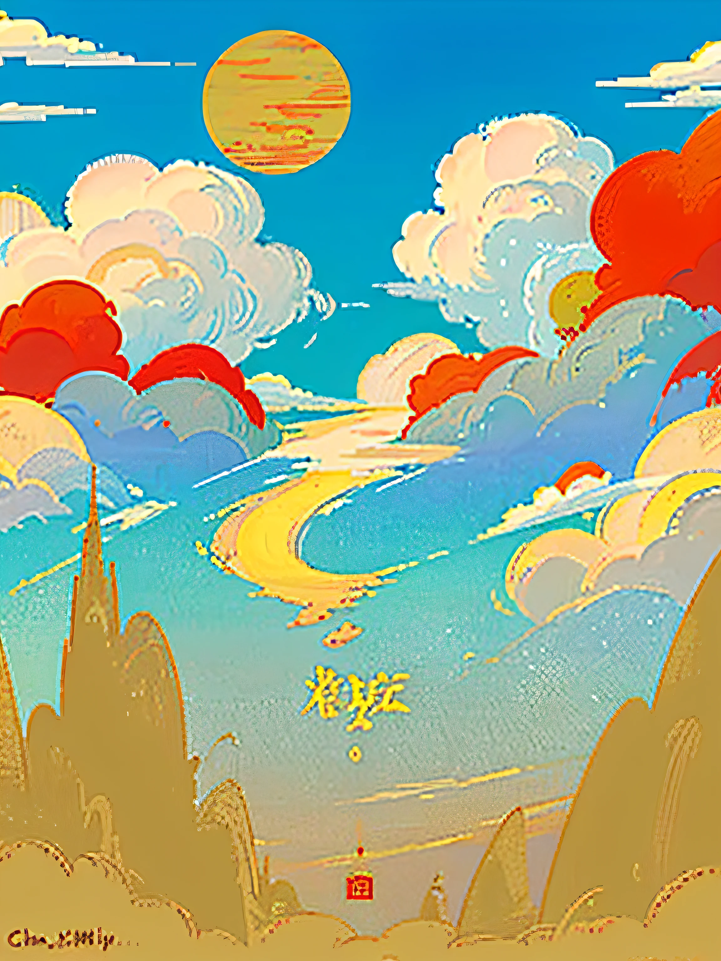 There are many clouds in the sky,The background is the sun, Official poster, cloud in the shape of a dragon, poster for, lie on white clouds fairyland, light cloud, ( few clouds ), Cloud, beautiful cinematic poster, a dragon made of clouds, author:Cheng Jiasui, ceremonial clouds, volume clouds, Tattoo of cumulus