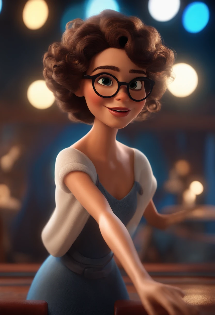 Pixar style image with 3D character white glasses brunette woman short curly hair dancing, Maquiagem Disney,Pescador, bonitinho, sorridente ,Close-up, Pixar, Disney, Cinema lighting,