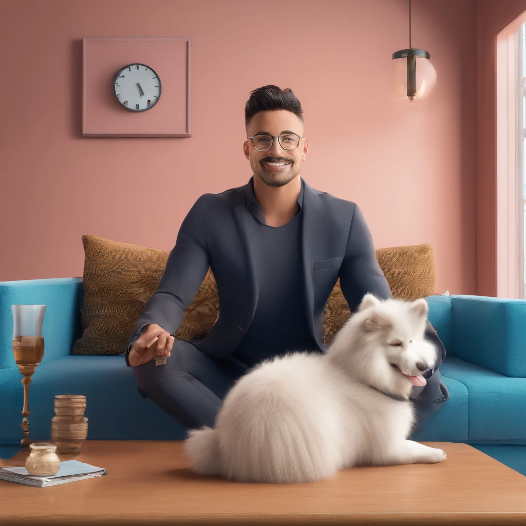 homen 30 anos, olhos puxados, usando um oculos redendo, Sitting on a blue-colored sofa, Next to him is a German Spitz puppy in black
