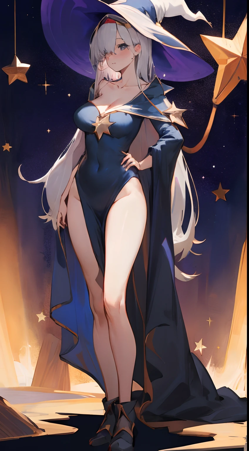 Leakage out of the collarbone,Neck leakage,sorceress woman,Magic Hat,Star decoration,hindquarters,stand posture,standing straight,Magic dress