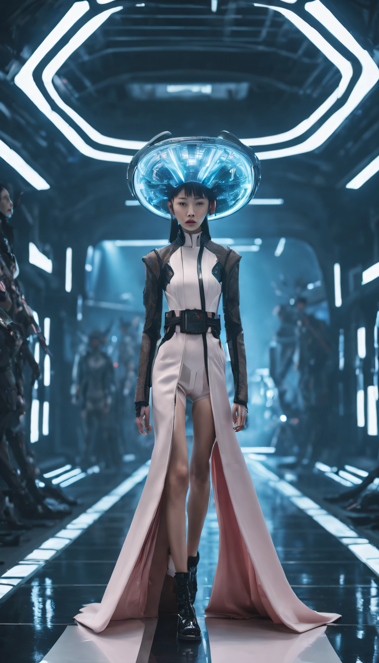 A fashion runway for alien technology , vogue photography , Inspired by Chinese Xianxia and cyberpunk。(Best quality,4K,8K,A high resolution,Masterpiece:1.2), (Realistic,Photorealistic,photo-realistic:1.37).