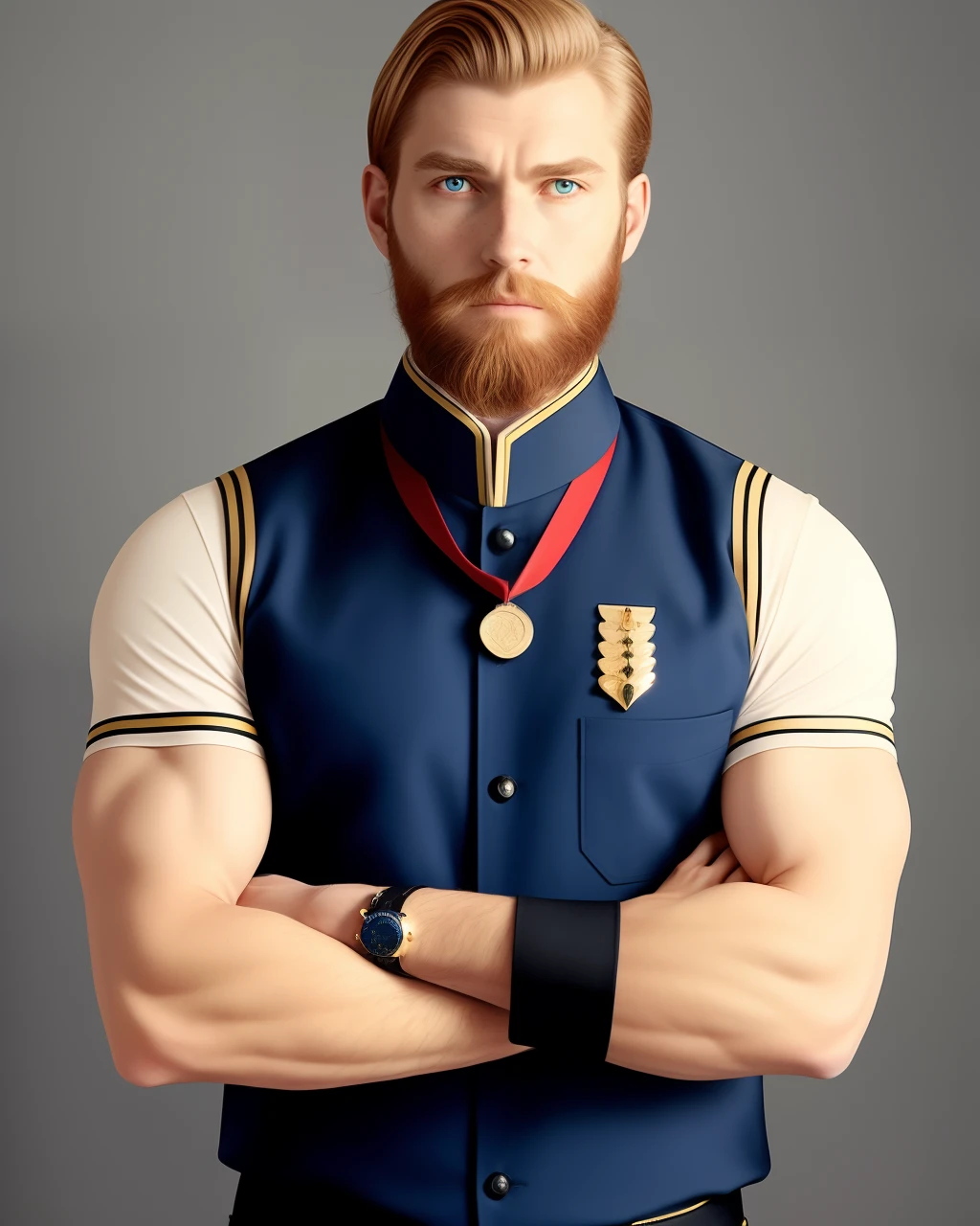 Crisp blue, gold-trimmed uniform broken oly by a black silk mourning band encircling the bicep. Uniform gleamed with medals.
Mid forties, pale and lean with a shock of red hear and beard, grey threaded through. Covered in freckles.