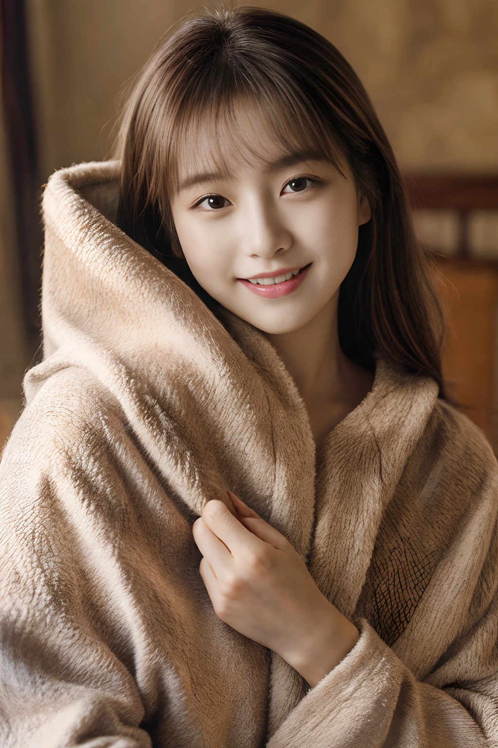 <lora:b34rc04t:0.7>, b34rc04t, fuzzy jacket, open coat, animal hood, best quality, masterpiece, illustration, realistic, photo-realistic, amazing, finely detail, incredibly absurdres, huge filesize, ultra-detailed, highres, extremely detailed CG unity 8k wallpaper, nsfw, (nude:1.2), close-up, A cute baby bear onesie pajama made of super soft light brown plush fabric with a fluffy hood. The hood is an adorable bear head with big sparkling eyes, a tiny nose, and a sweet smile. The front zipper is pulled completely open and down to the bottom, fully exposing the smooth glowing bare skin and natural feminine features of the young woman inside. She has an innocent and youthful face with chubby rosy cheeks. Her petite breasts with small pink nipples are fully revealed. Her hairless vulva is also completely visible. She has one leg raised playfully to accentuate the exposure. A beautiful young Korean woman with light natural makeup, shoulder-length black hair and a cute girlish expression is giggling while wearing the costume. She is posing playfully in a cosy pink bedroom filled with teddy bears, ribbons and flowers.