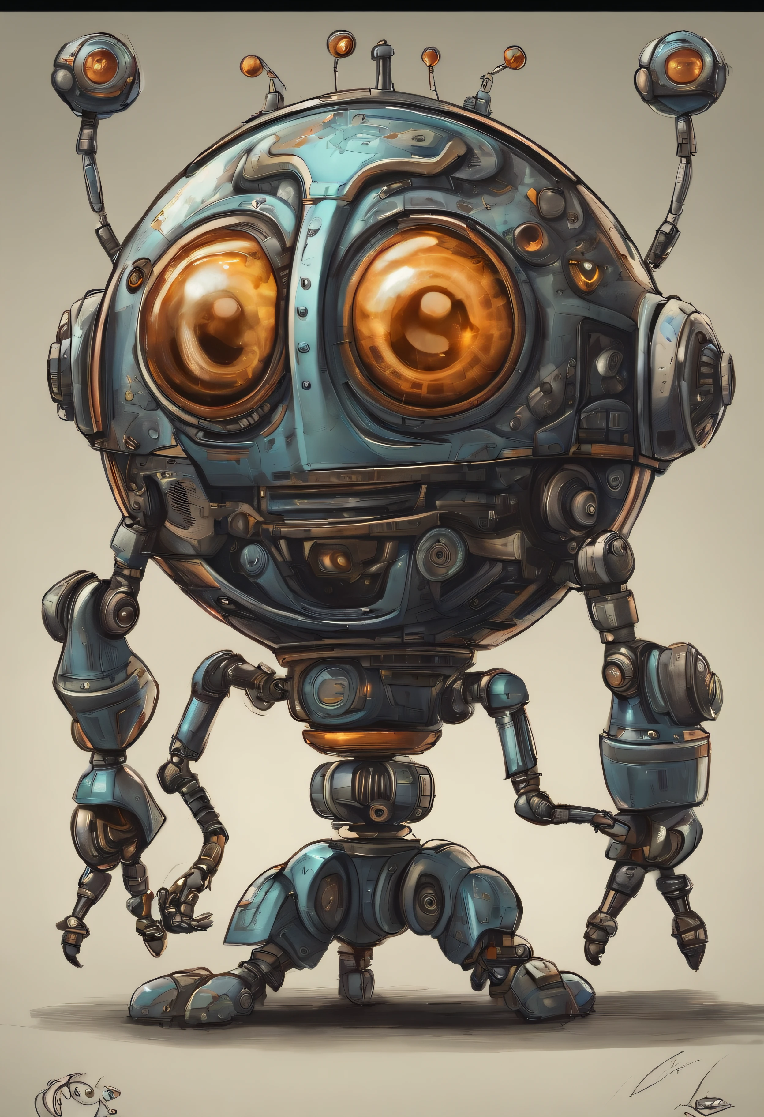 Creepy funny bug-eyed robot sphere, smiles funny, Funny eyes, humor, caricature, hyper-detailing, sketch drawing, grafffiti