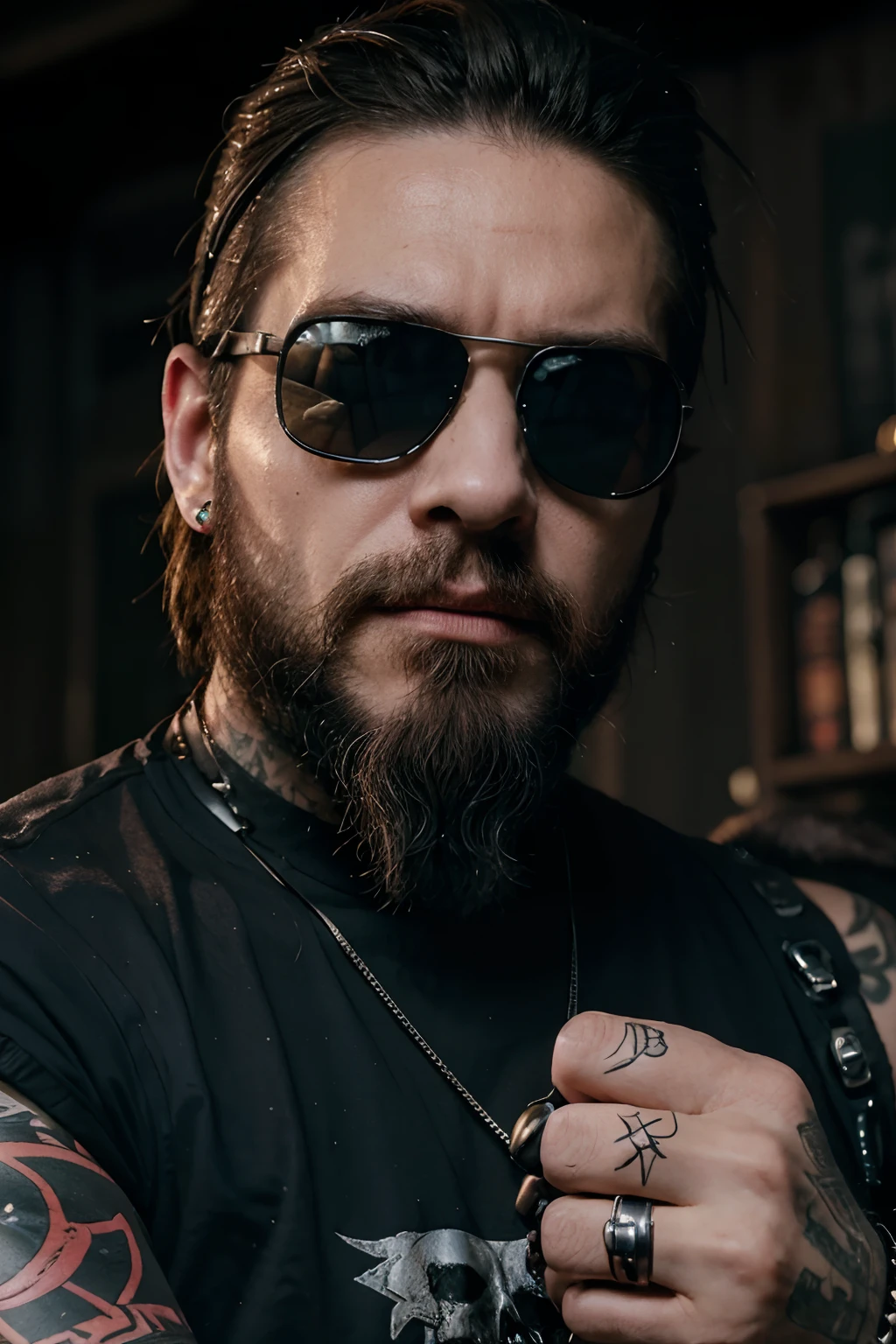 close up, surreal light, punk gothic scenario, cyber punk, Skull with beard and sunglasses, skrull, esqueleto, homem, barba, Skull Head Man, fone de ouvido, disc jockey, dj, Gothic ballad, com barba, beard, phone de ouvido, cdd, realistic, monster