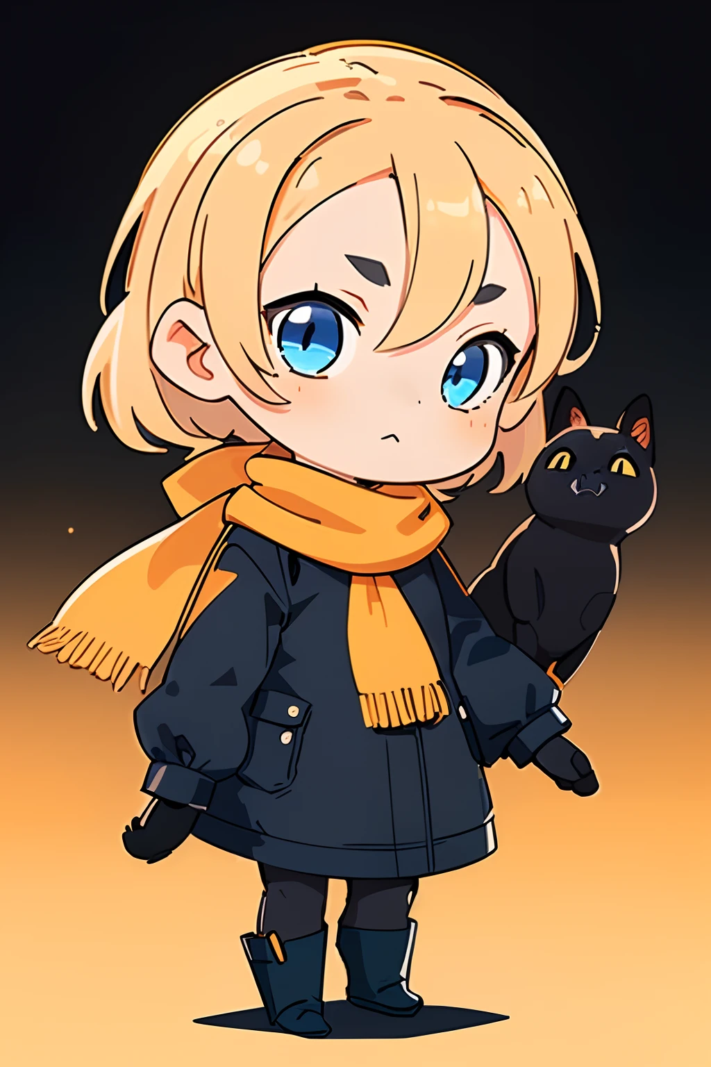 Concept art, original character design, Q version of the character, best quality, detailed, ((1 girl)), (middle blond hair, cute blue eyes, orange scarf), ((1 black cat, light yellow background)), (chibi)