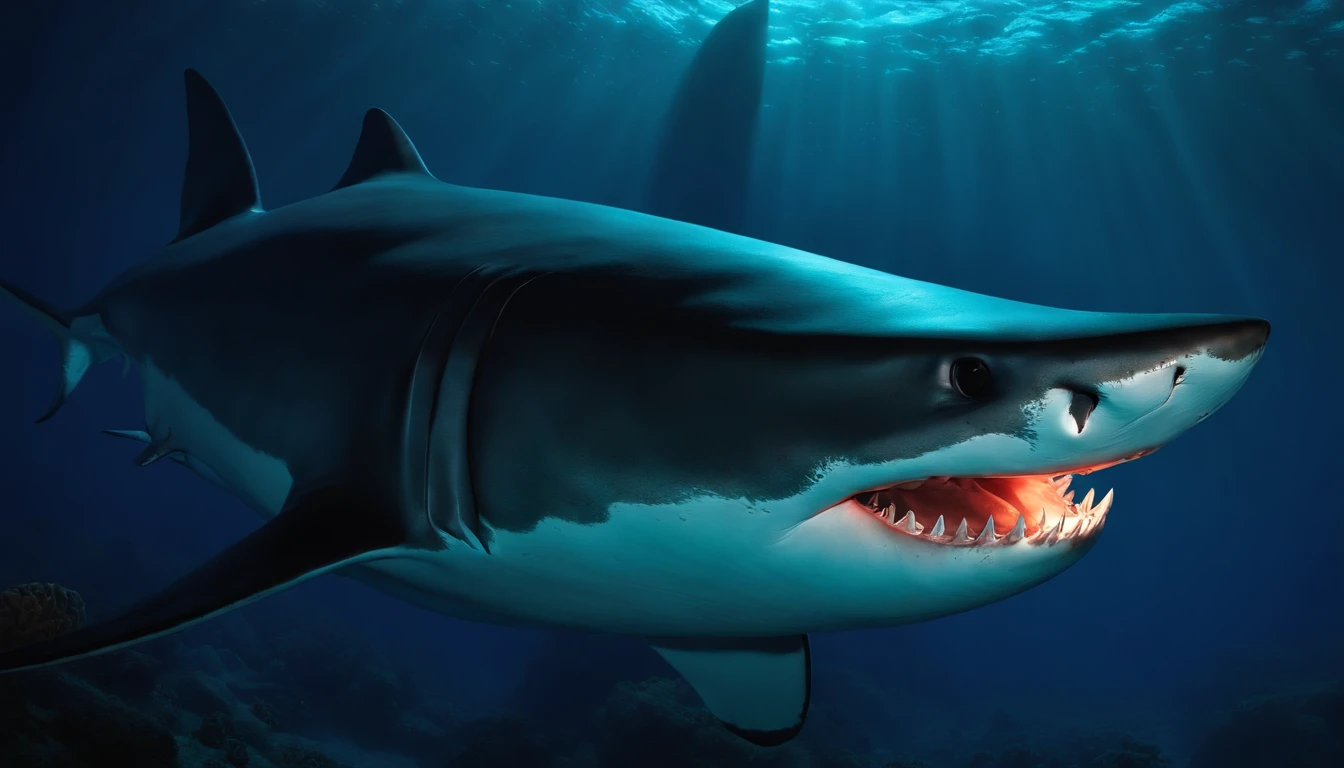 A moment of desperate prayer in the huge belly of a shark.
Illuminated by the dim light coming in from the shark's mouth.
the ocean,Shark with open mouth,Prey on dolphins