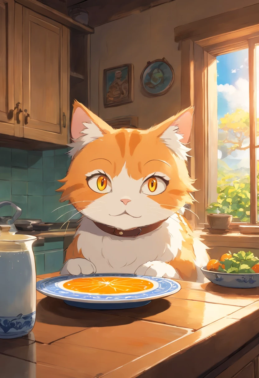 Un lindo gato naranja de ojos saltones, con un plato de leche, en la cocina , Luz solar fuera de la ventana.