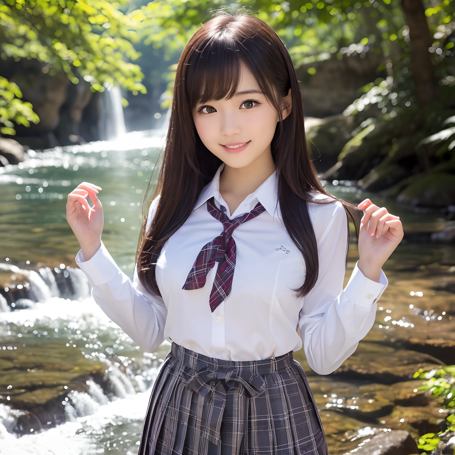 (1 schoolgirl,The cutest face,The biggest smile staring at the camera,Shot from up close,Photographing from the waist up,A detailed face,japanese hight school uniform,Perfect face,Perfect makeup,A slender,Breasts are big,In a fantastic and beautiful forest)),((White shirt and ribbon,Plaid pleated skirt,japanese hight school uniform,The cutest school uniforms,Sacred Forest Trees々Sunlight shining in from between,Perfect fingers,perfect arms,Graceful and beautiful,beautiful waterfall,large waterfall,Beautiful river,Mysterious fountain,Crystal clear spring water,Crystal clear water,beautiful water,夏天,Cool feeling,Cold air,falls, Springs and rivers)),((Forest of Illusions,细致背景,top-quality,The ultra -The high-definition,Perfect Anatomy,high-definition RAW color photography,professional photograpy, extremely delicate and beautiful, Extremely detailed,finely detail, Huge file size,Top image quality,8K,Photos taken with a single-lens reflex camera,Award-Winning Works,masutepiece))