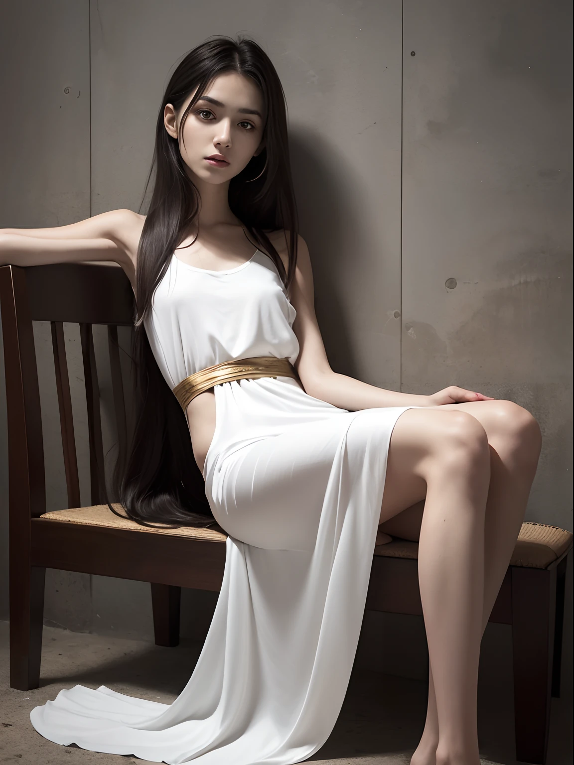 (Photorealistic),(Masterpiece),(ultra-detailed),a very pretty 20 year old girl who has not eaten for 10 years, extremely thin and frail, arm and legs extremely thin as a stick with no fat, smiling faintly, feeling but enduring extreme hunger, wearing a long and loose white silk dress, long hair,big eyes, extremely small face,have no fat,extremely weak,whole body,extremely feeble,sitting,legs and thighs extremely thin as arms,have almost no energy because she is starving, struggling to sit up,almost starving to death