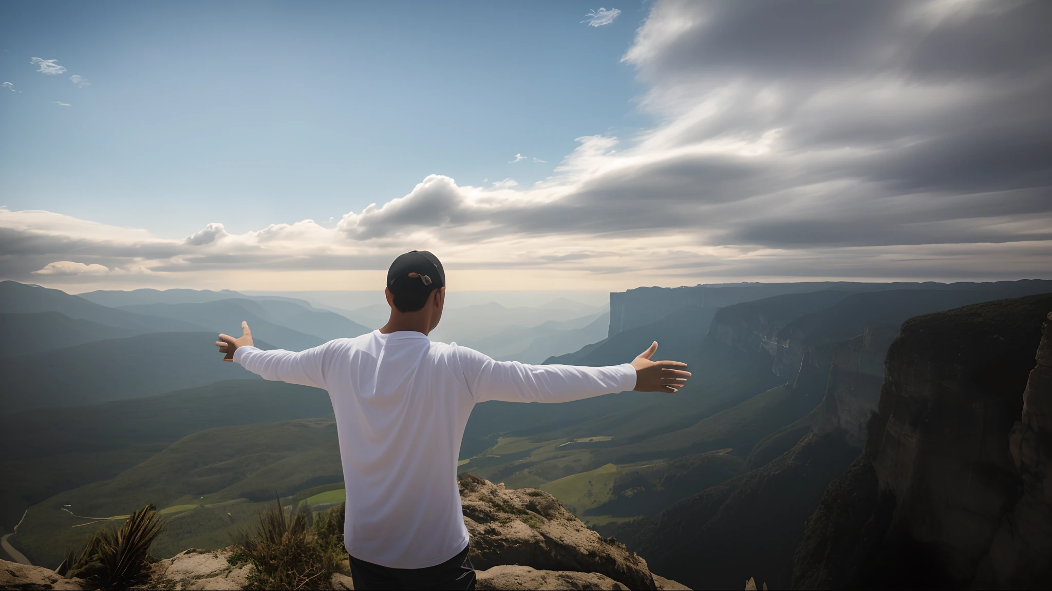 Man standing on a cliff with arms outstretched, no topo de uma montanha, em frente a uma montanha, Standing on top of a mountain, standing on the top of a mountain, Belas vistas, no topo de uma montanha, no topo de uma montanha, topo da montanha, icaro carvalho, standing on mountain