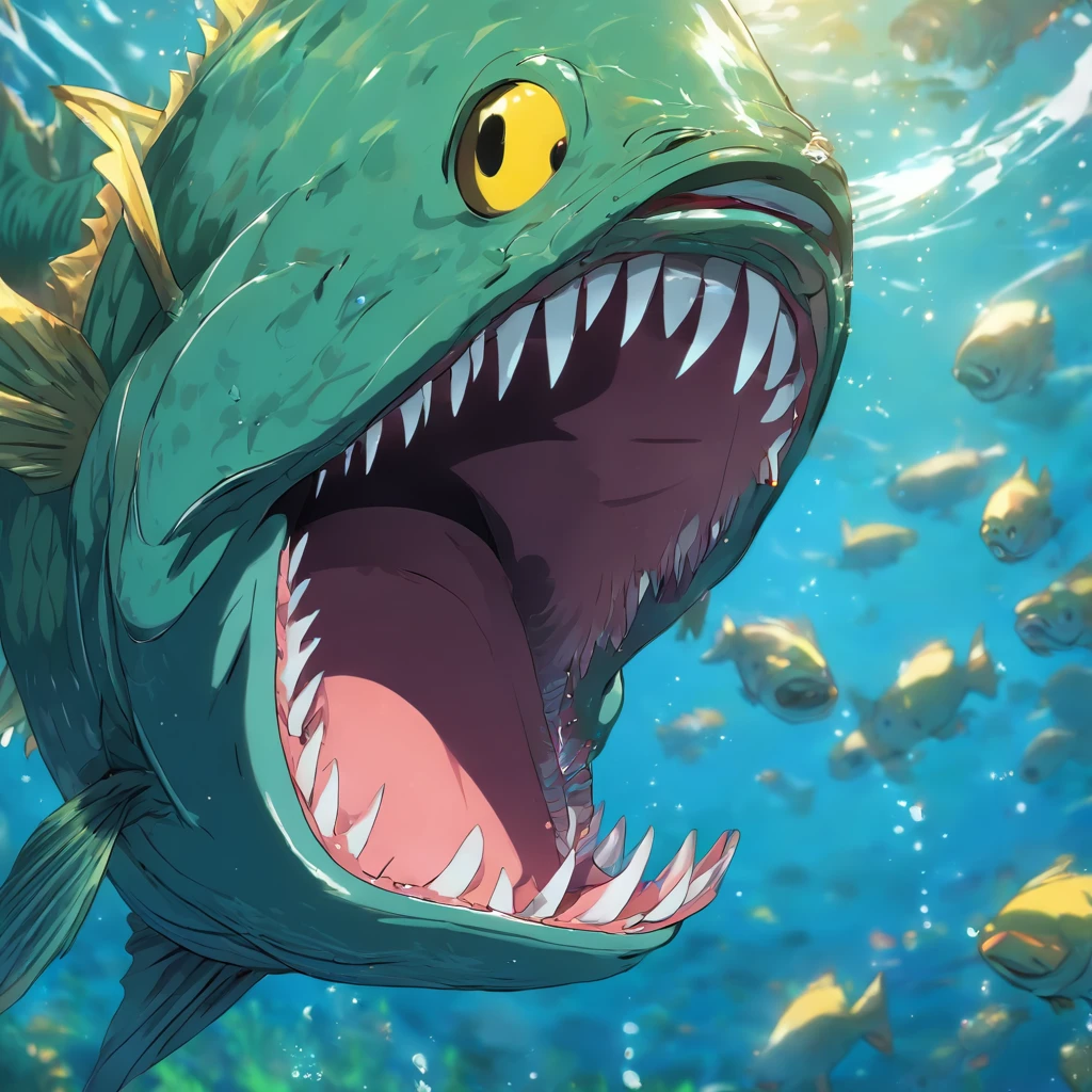um close up de um peixe com uma boca grande e um sorriso, pesca de robalo grande, boca pequena, boca grande, Adepto de Silvergill, illustration of an angler fish, peixe olho de barril, olho de barril, Peixe pescador, ilustrador olho de peixe luz da lua, backmouth altamente detalhado, pele verde com escamas, peixes nadando, Seringa ao lado do peixe