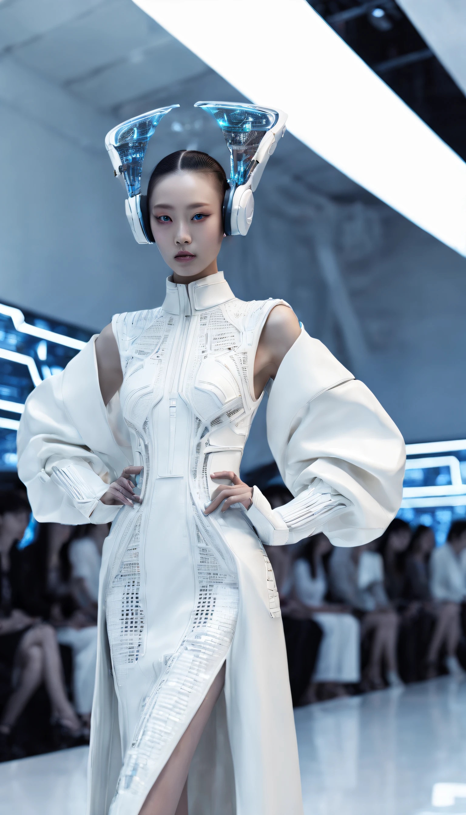 A fashion runway for alien technology , vogue photography , Inspired by Chinese Xianxia and cyberpunk。(Best quality,4K,8K,A high resolution,Masterpiece:1.2), (Realistic,Photorealistic,photo-realistic:1.37).