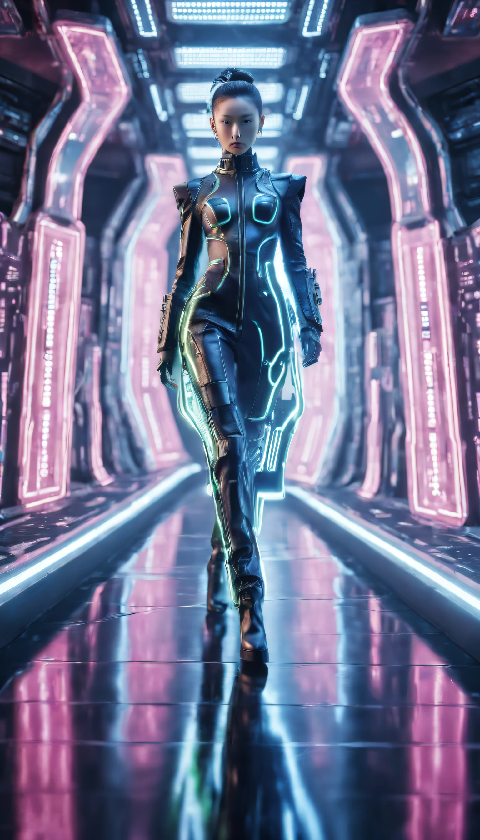 A fashion runway for alien technology , vogue photography , Inspired by Chinese Xianxia and cyberpunk。(Best quality,4K,8K,A high resolution,Masterpiece:1.2), (Realistic,Photorealistic,photo-realistic:1.37).