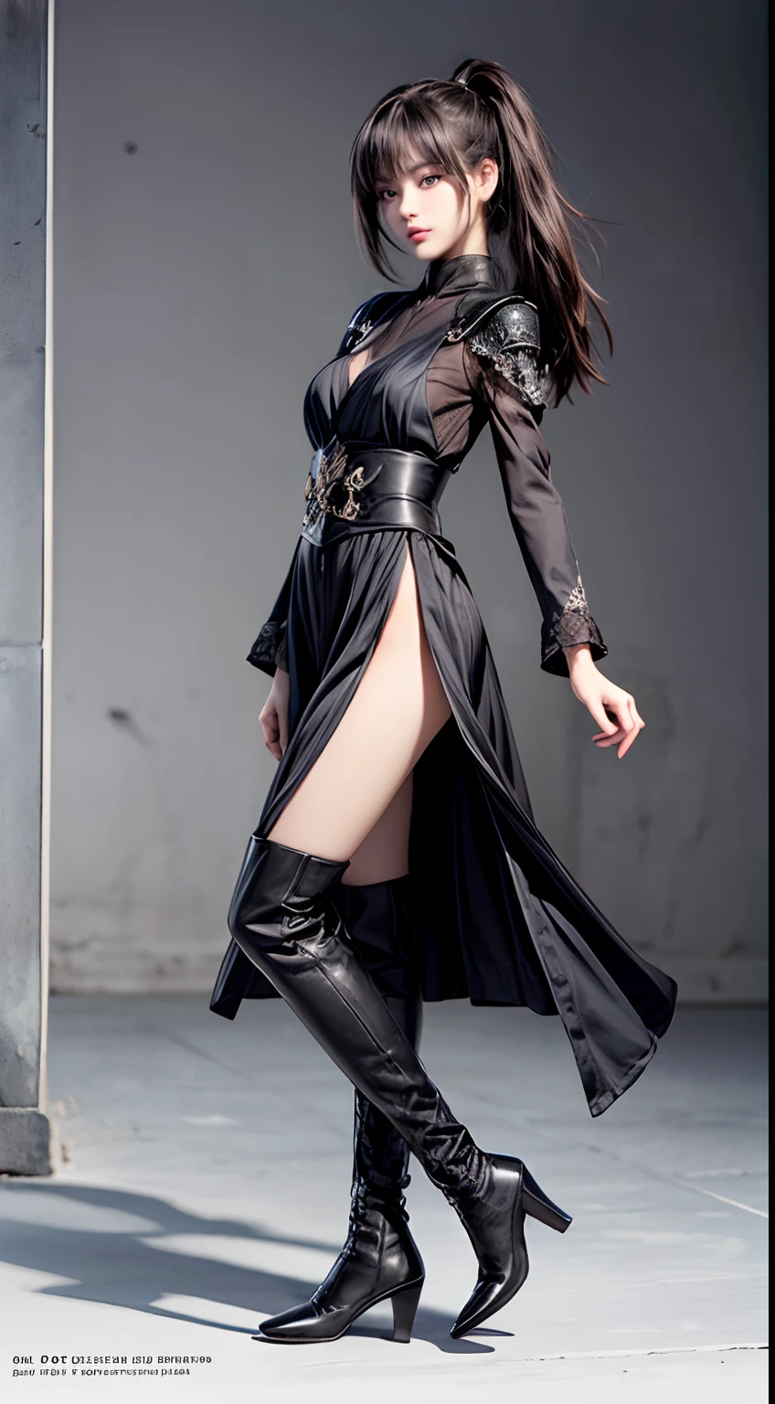 1girl,Pretty women, 20yr old,,japanes,Black Dress Armor,Black High Heels boots,Pointed-toe shoes,Full body portrait,From Side,Slender body,robe,Perfect face and nice perfect face, standing,Surreal concept, 8K resolution, photographic quality, ruins, Photorealistic,A detailed eye,Smile,