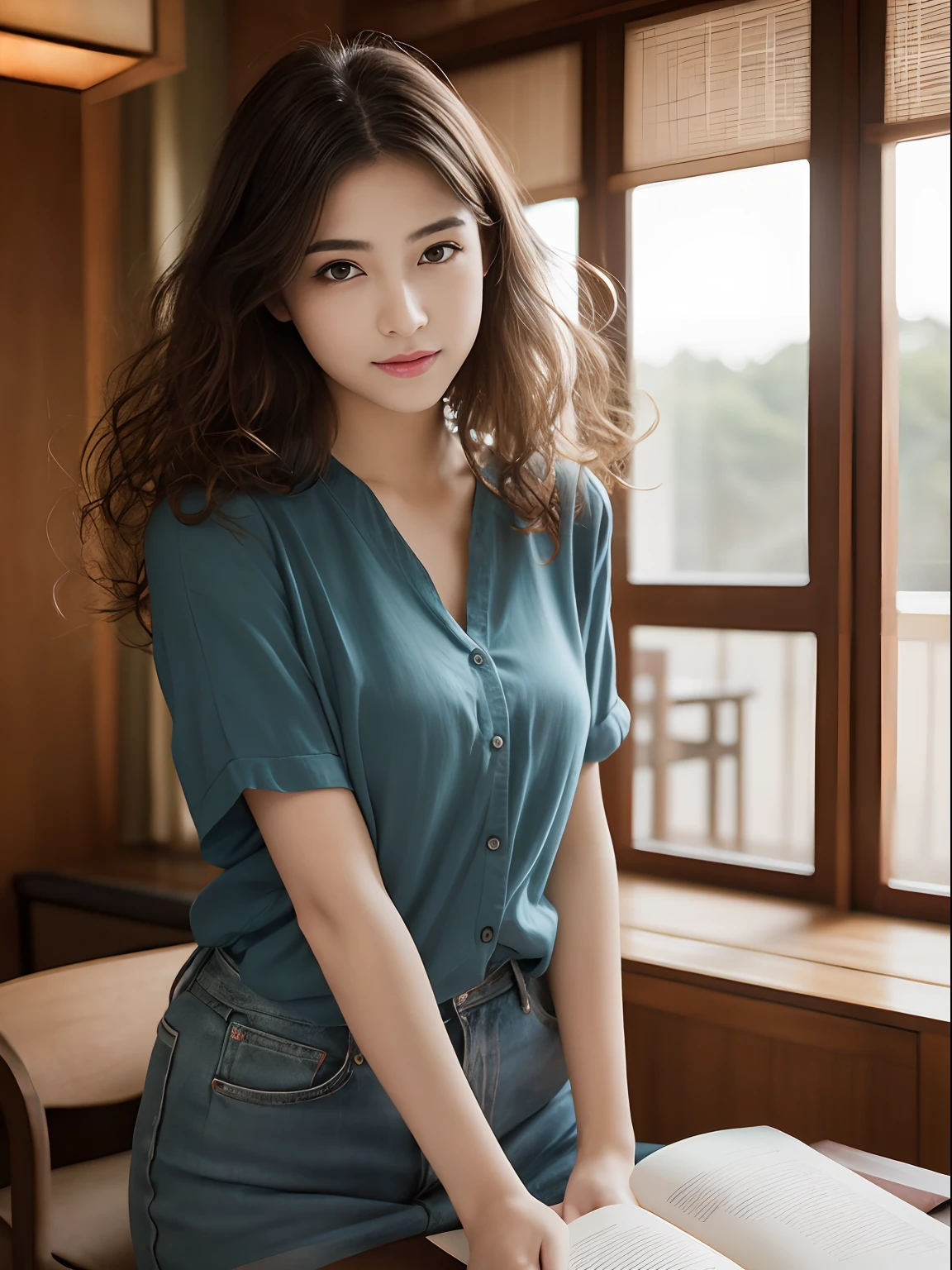 Super Resolution、(Photorealsitic:1.3)、Angle to shoot from the front、Clearly draw shades of light、high resolution RAW color photos、best qualtiy,tmasterpiece,超A high resolution,RAW photogr,Loose perm hair、long、Dark brown hair、Loose perm hair、smil、professional photograpy、Same skin type as humans、Female proofreading of Japan from head to foot、Blur the background、Draws faithfully to anatomy、Very detailed and beautiful、Ultra-high image quality、Hair swaying and sexy、Very detailed beautiful girl、The shirt、