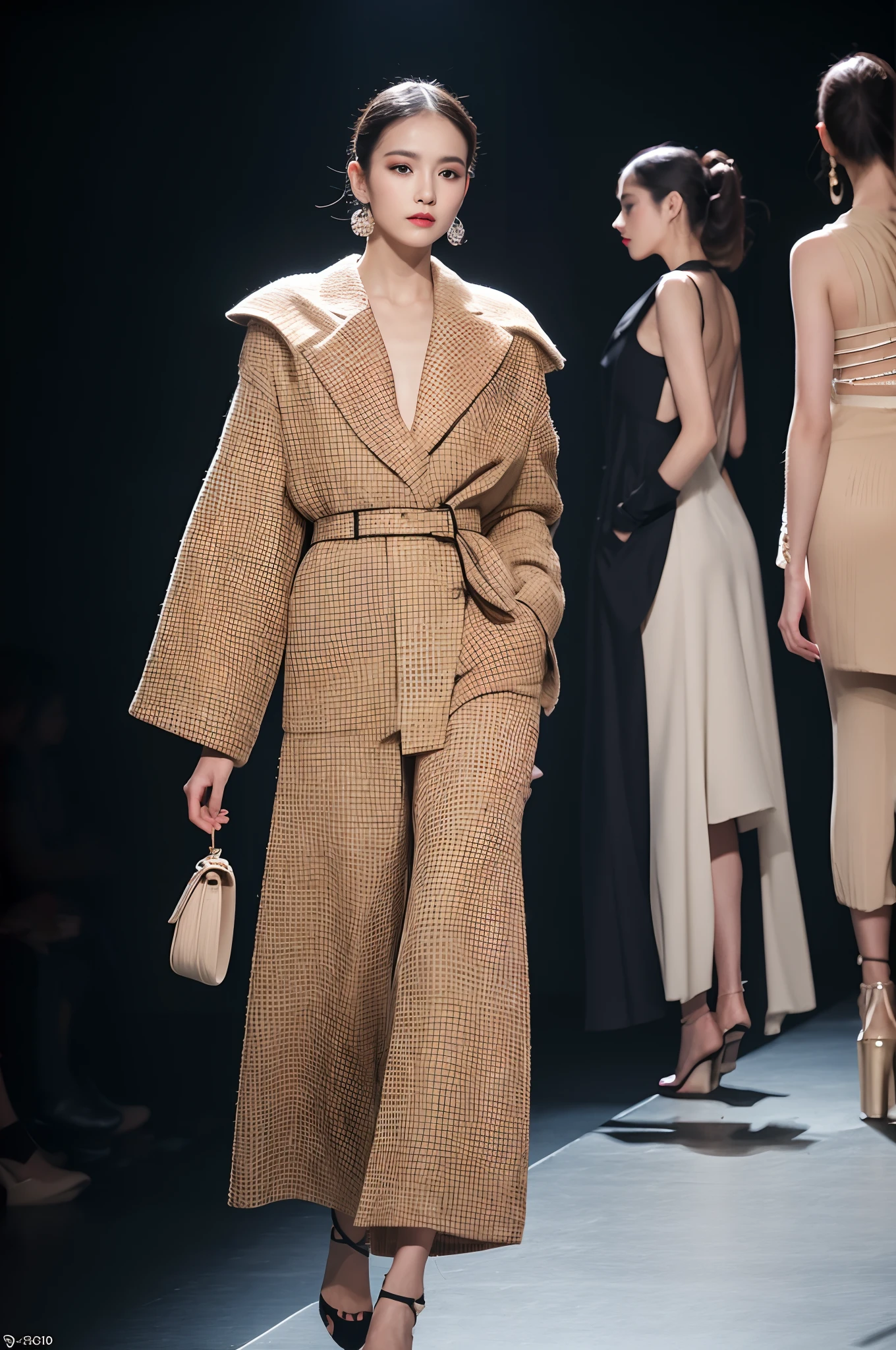 (Best quality,4K,8K,A high resolution,Masterpiece:1.2),Ultra-detailed,Realistic:1.37],（（Paris Fashion Week，Bitchsuit）），Dynamic capture,high-definition photography,running track,backstage,Glamorous makeup,tempting pose,Wheat complexion，Flawless complexion,Catwalk,Professional lighting,Vibrant colors,Trendy series,,Trend-setting style,Stunning visuals,Impeccable fashion，Fashion-forward,Exquisite accessories,Profesional photogarpher,Famous designer,fashion hair,Amazing performance,Photogenic