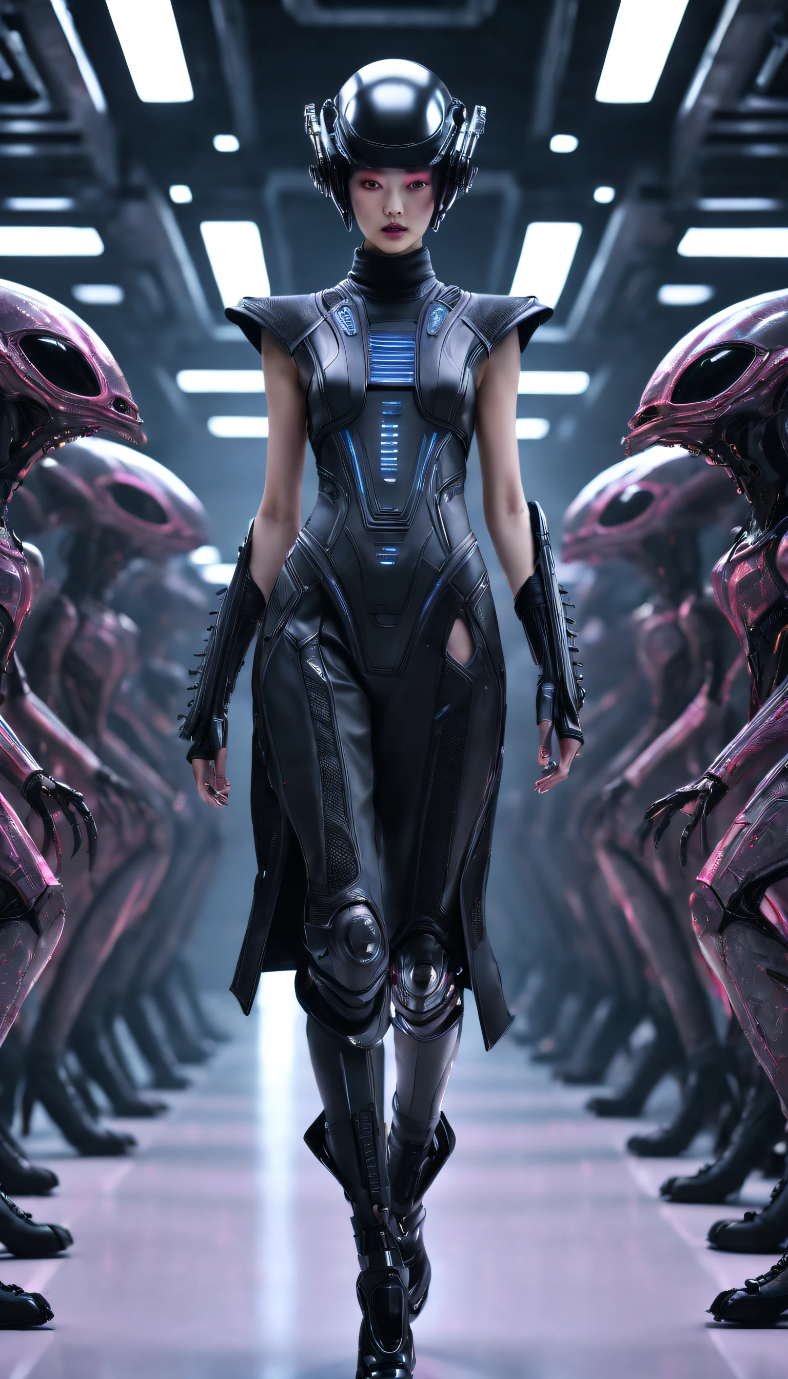 A fashion runway for alien technology , vogue photography , Inspired by Chinese Xianxia and cyberpunk。(Best quality,4K,8K,A high resolution,Masterpiece:1.2), (Realistic,Photorealistic,photo-realistic:1.37).