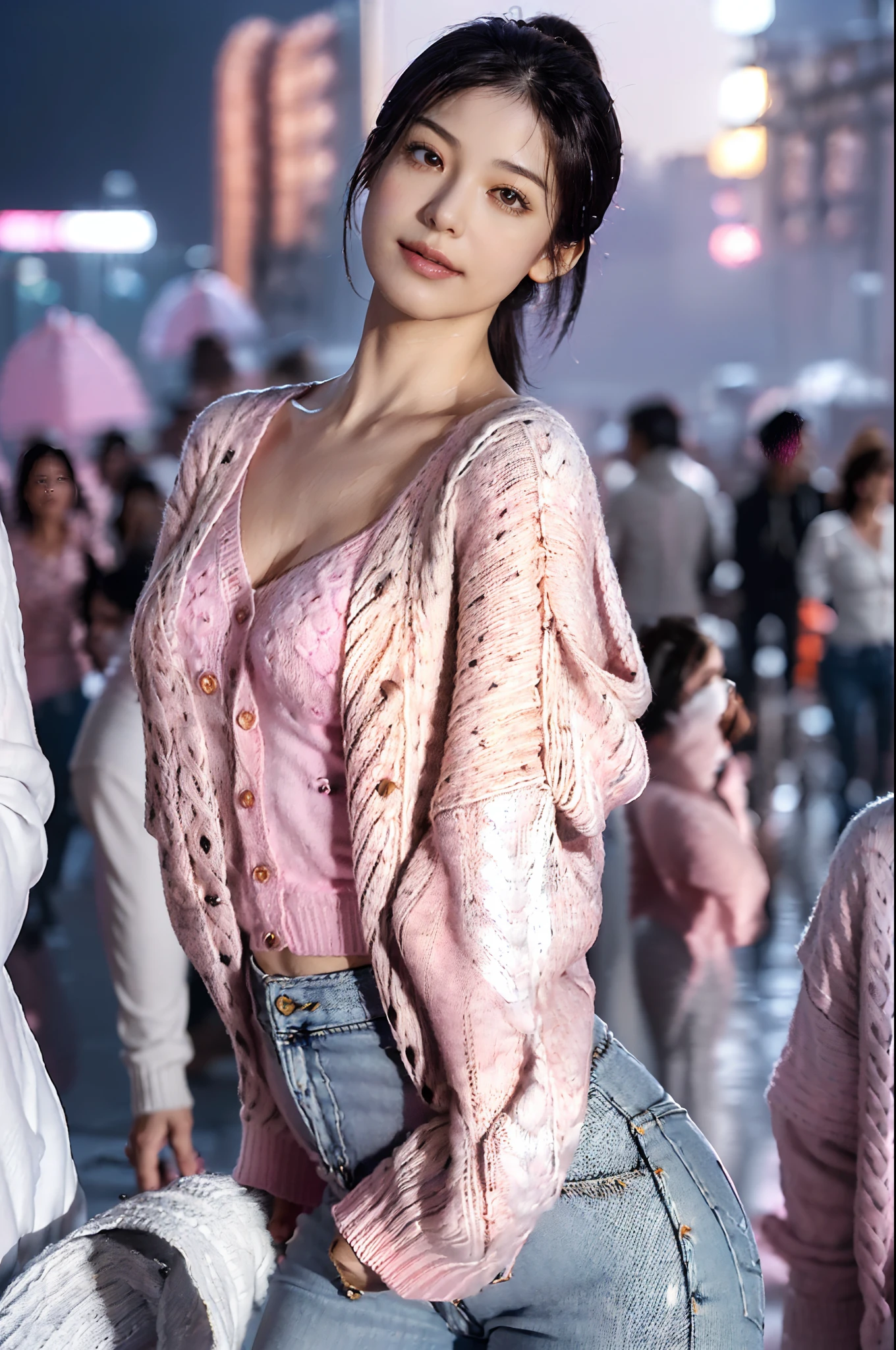 (shoulder length straight short black hair:1.2),((((8k))),(Extremely meticulous CG) ,(wallpaper),16k,(Extremely refined and beautiful），（Masterpiece），（best qualtiy：1.0），（Ultra High Resolution：1.0），beautiful light up，Perfect lightning，realistic shaded，[A high resolution],(Smooth and flawless fair skin:1.5),Extremely exquisite facial details,(perfect body：1.1),ultra - detailed,A beautiful girl,small head,(very short ponytail:1.2),(Small breasts:1.1),Flat chests，slim，thin，Smile，cheerfulness,(Pink sweater cardigan:1.5),(white shirt:1.4),(denim pants:1.3),(white sneakers:1.2),slender legs,(nightfall:1.5),Sunset light,(Surrounded by a crowded crowd:1.5),At the school gate,(full body:1.1),from back,(rainy weather:1.1),standing,round hips,(pants pulled down:1.3),(half of butt exposed buttocks:1.2),(Inguinal sulcus:1.5),White and tender buttocks