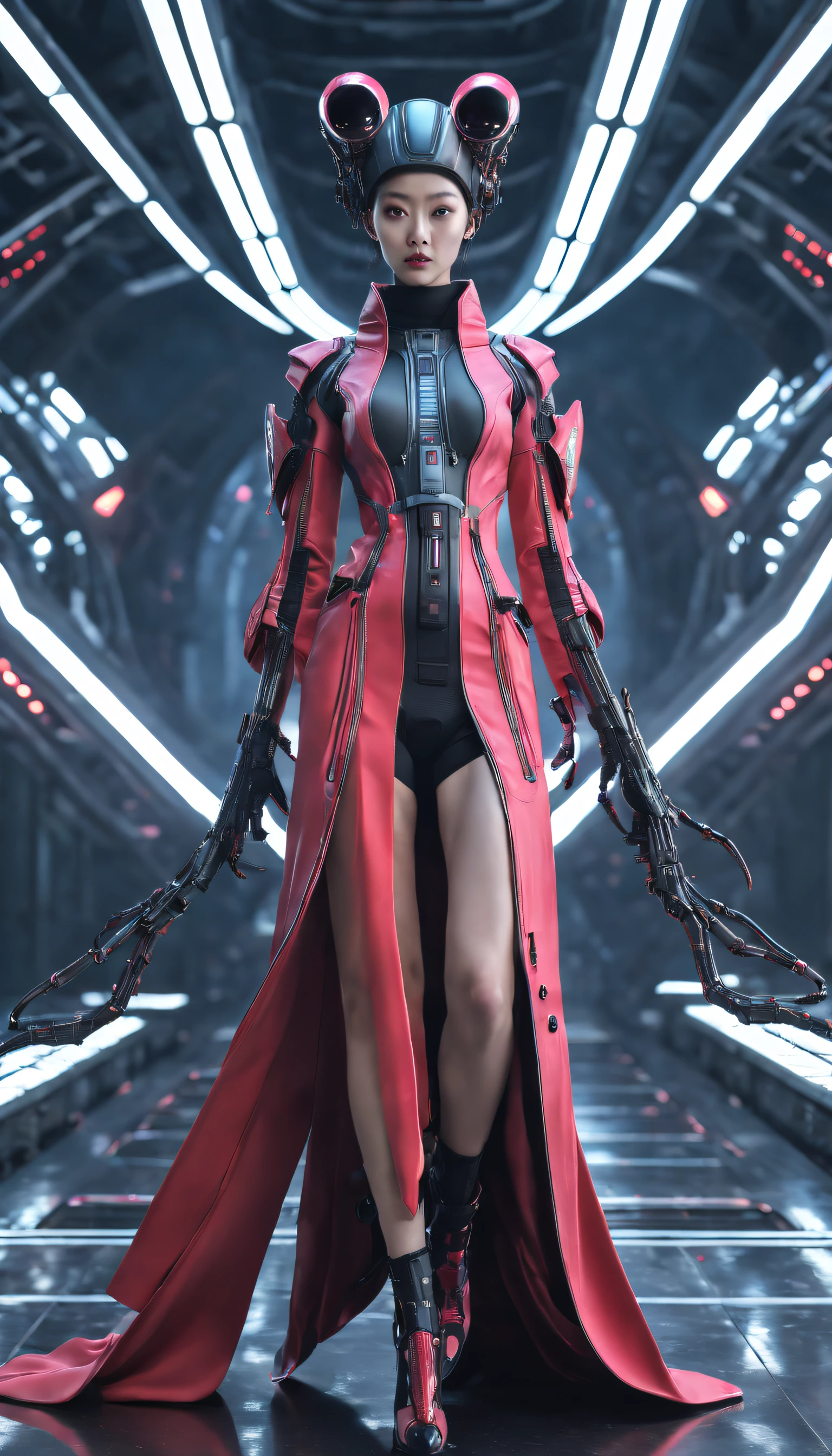 A fashion runway for alien technology , vogue photography , Inspired by Chinese Xianxia and cyberpunk。(Best quality,4K,8K,A high resolution,Masterpiece:1.2), (Realistic,Photorealistic,photo-realistic:1.37).