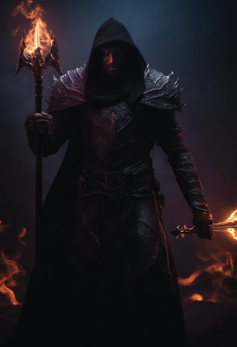 A demon in black armor, Holding a spear in his hand，With a spear in his hand，Black flame，Black-purple fire，Black flame，glowing light eyes, eerie, Creepy, nightmarish, Very dark color, Light particles, with light glowing, Mshiv, wallpaper art, UHD wallpaper