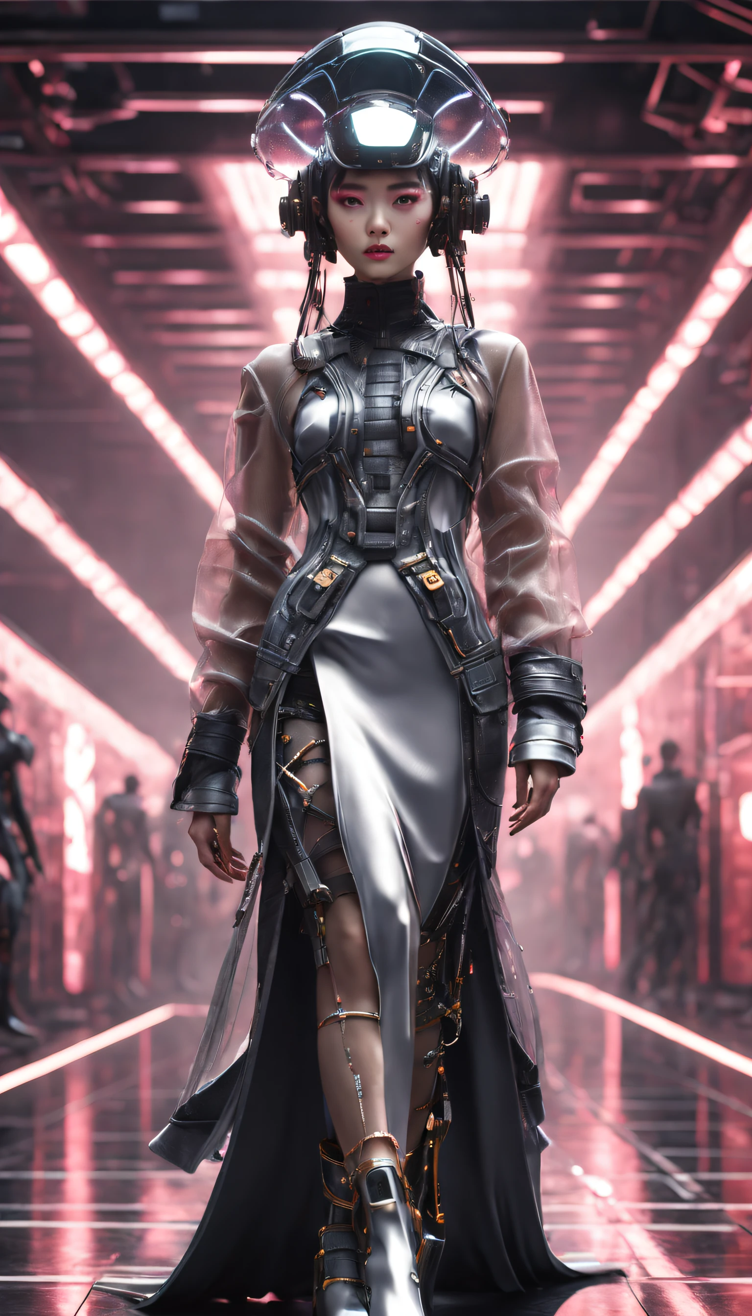 A fashion runway for alien technology , vogue photography , Inspired by Chinese Xianxia and cyberpunk。(Best quality,4K,8K,A high resolution,Masterpiece:1.2), (Realistic,Photorealistic,photo-realistic:1.37).